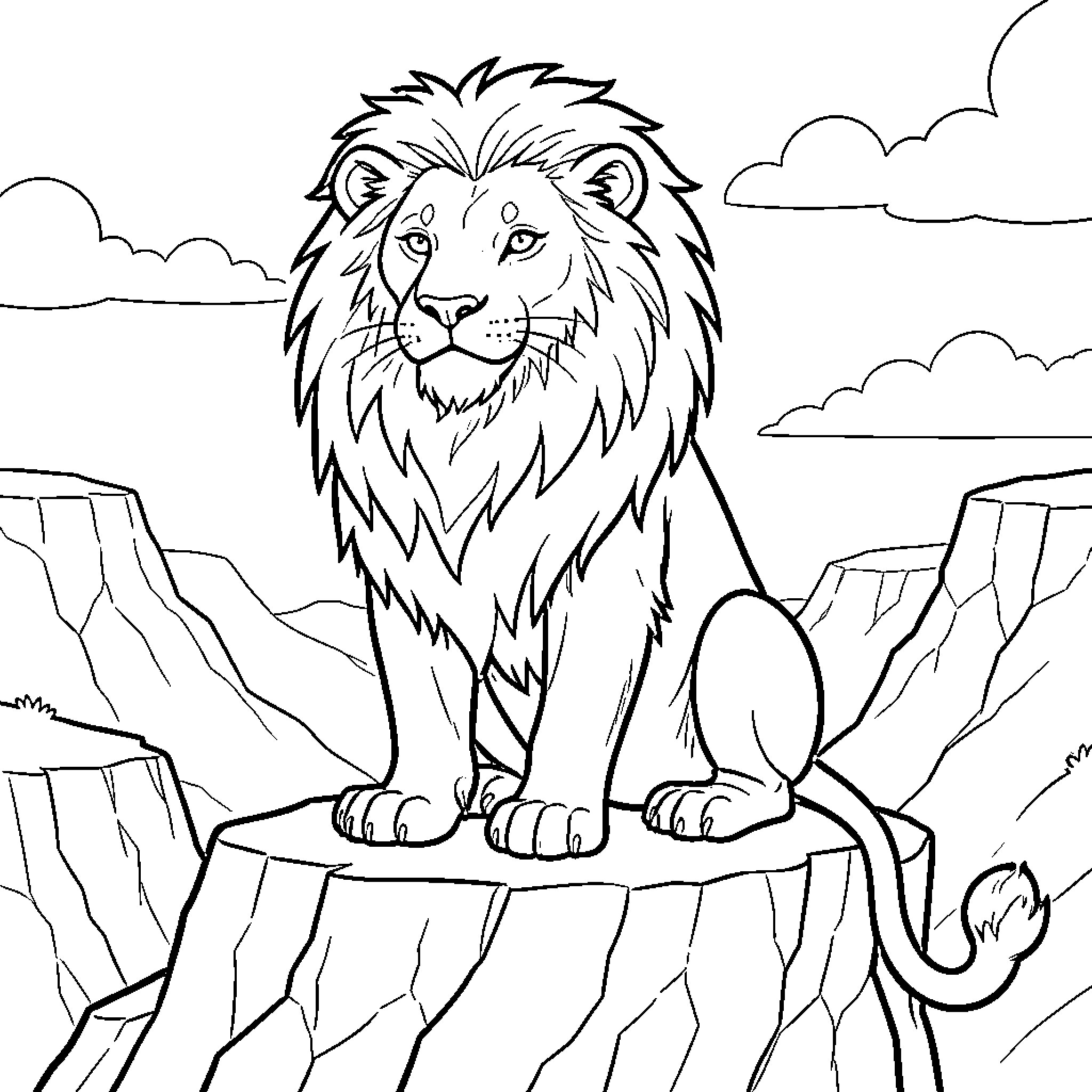 Lion standing proudly on a rocky cliff Coloring Page (free black-and-white line drawing printable PDF for all, from beginners to advanced learners, including children, teens, adults, and seniors)