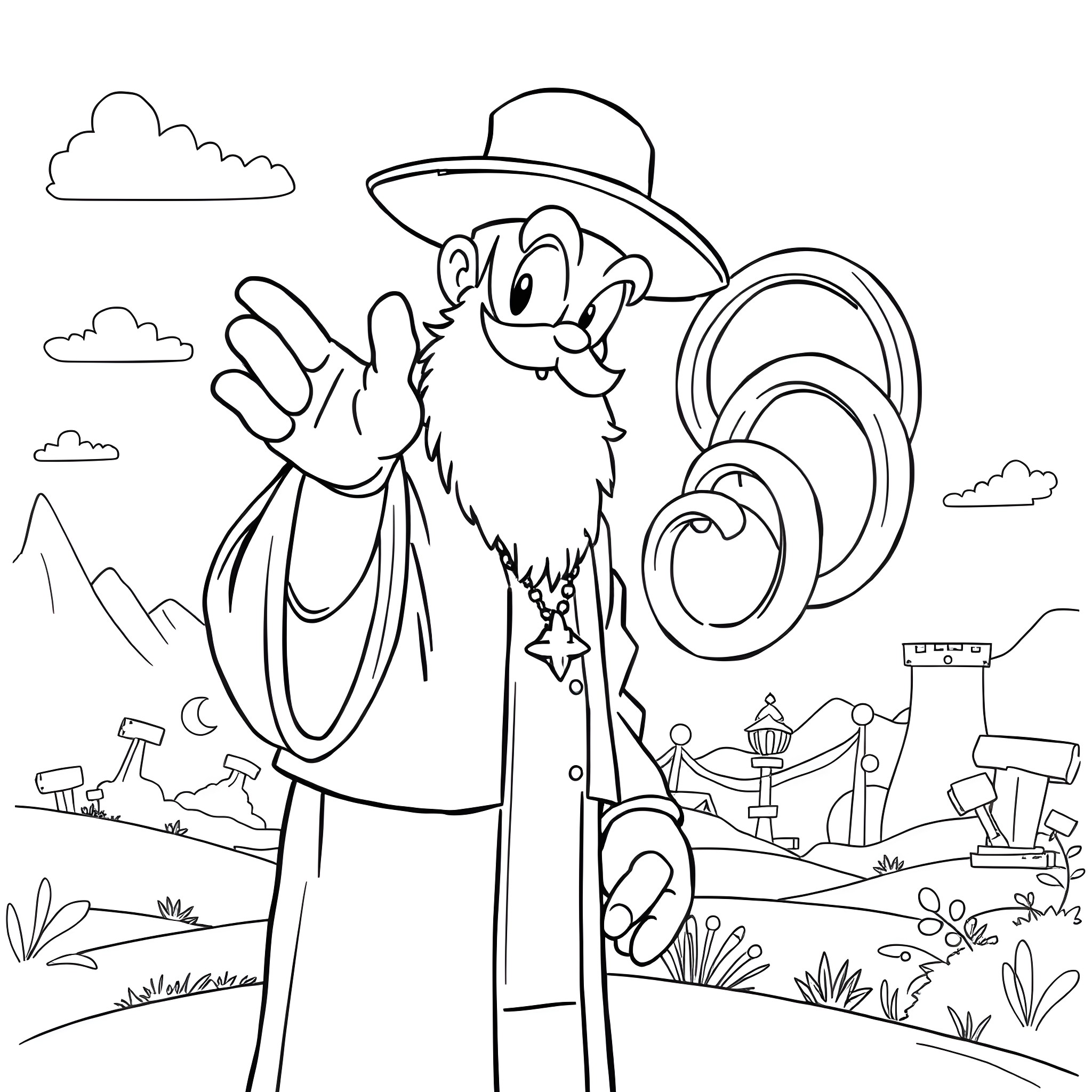 Rabbi gesturing with enthusiasm in a whimsical landscape Coloring Page (free black-and-white line drawing printable PDF for all, from beginners to advanced learners, including children, teens, adults, and seniors)