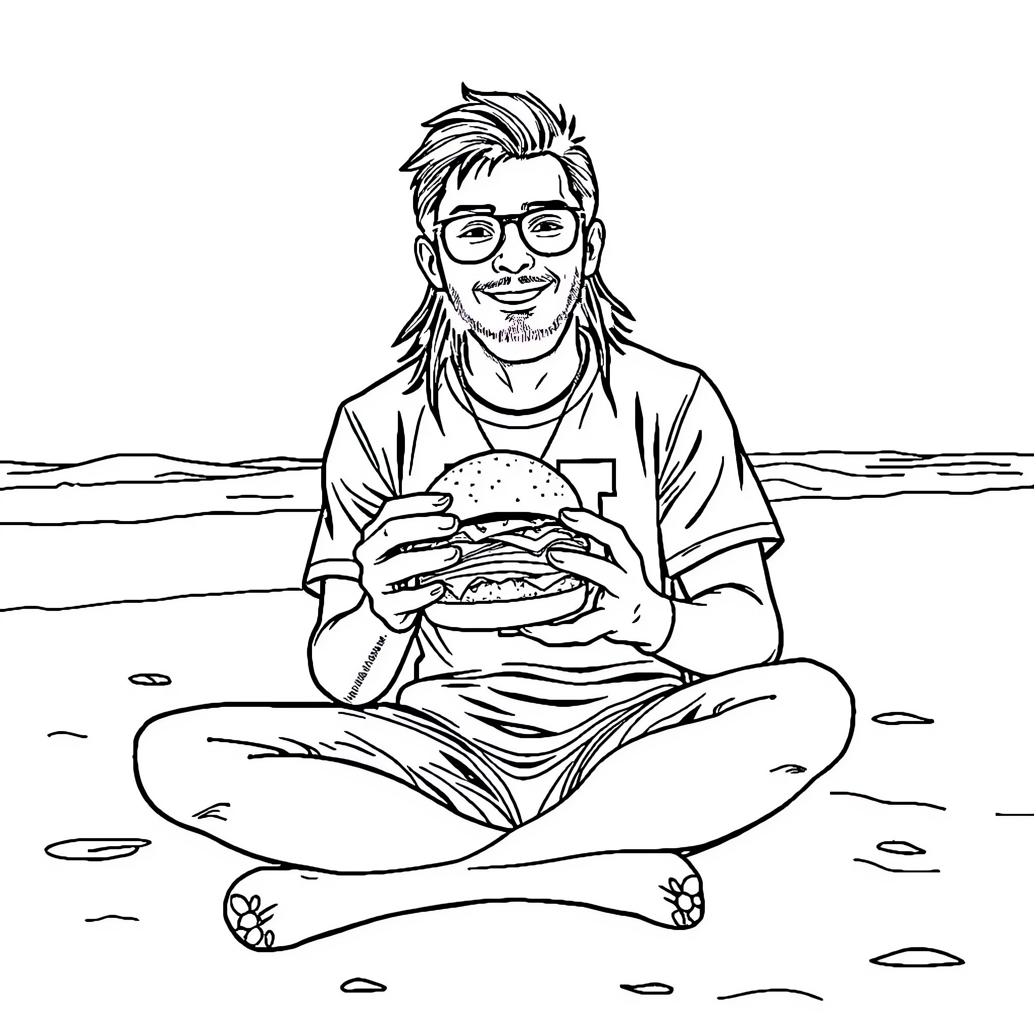 Man Mindfully Enjoying Meal at the Beach Coloring Page (free black-and-white line drawing printable PDF for all, from beginners to advanced learners, including children, teens, adults, and seniors)