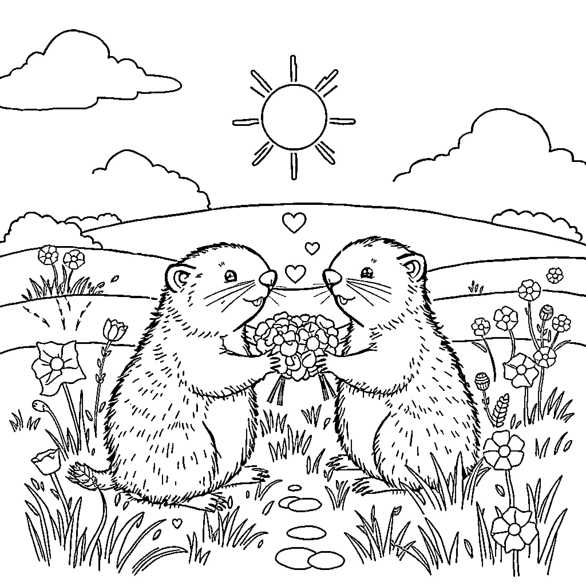 Groundhog pair enjoying flowers in sunny meadow Coloring Page (free black-and-white line drawing printable PDF for all, from beginners to advanced learners, including children, teens, adults, and seniors)