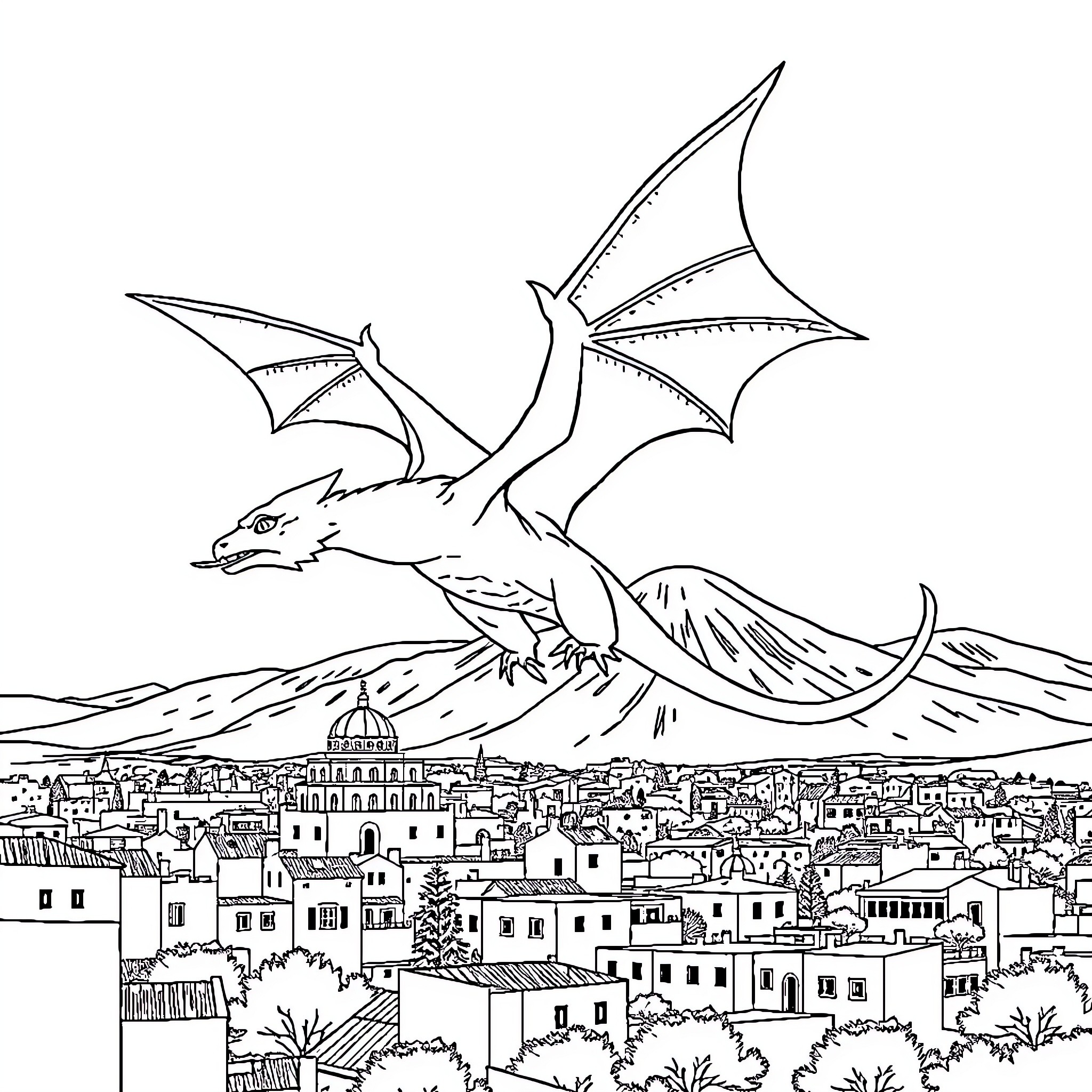 Dragon soaring over a medieval city landscape Coloring Page (free black-and-white line drawing printable PDF for all, from beginners to advanced learners, including children, teens, adults, and seniors)