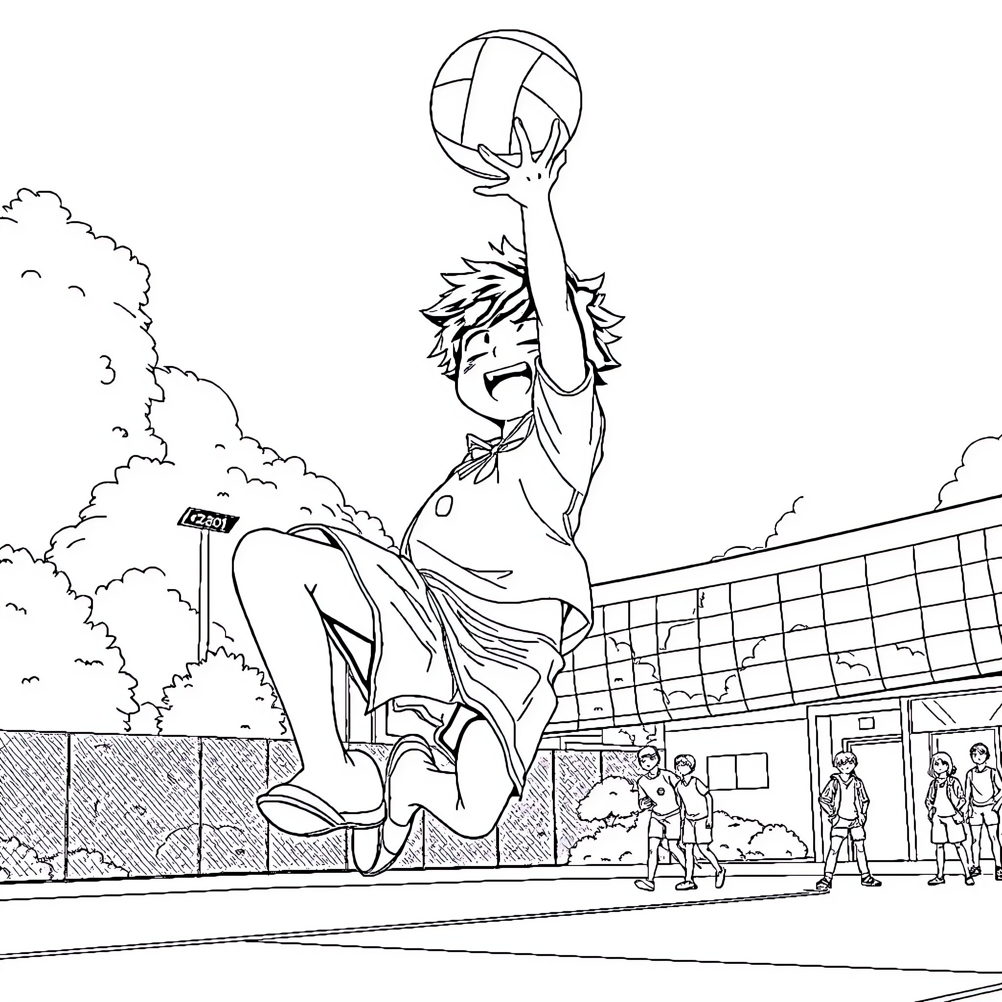 Izuku Midoriya showing his athletic skills on the volleyball court Coloring Page (free black-and-white line drawing printable PDF for all, from beginners to advanced learners, including children, teens, adults, and seniors)
