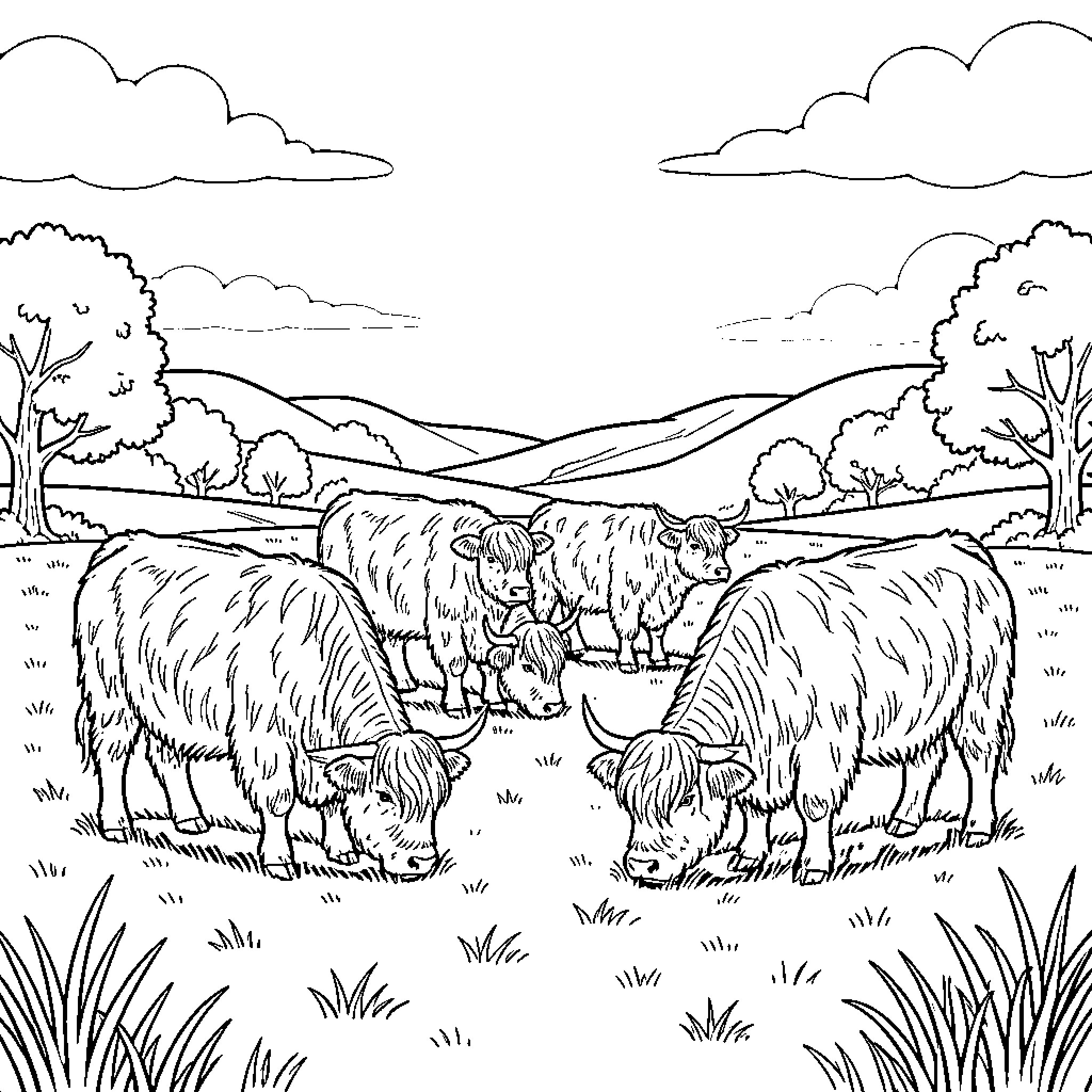 Highland Cows grazing peacefully in a countryside landscape Coloring Page (free black-and-white line drawing printable PDF for all, from beginners to advanced learners, including children, teens, adults, and seniors)