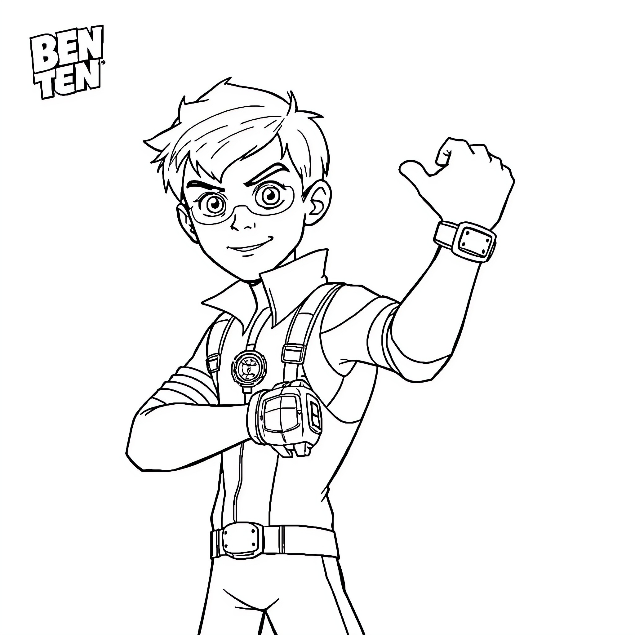 Ben 10 activating his alien transformation device Coloring Page (free black-and-white line drawing printable PDF for all, from beginners to advanced learners, including children, teens, adults, and seniors)