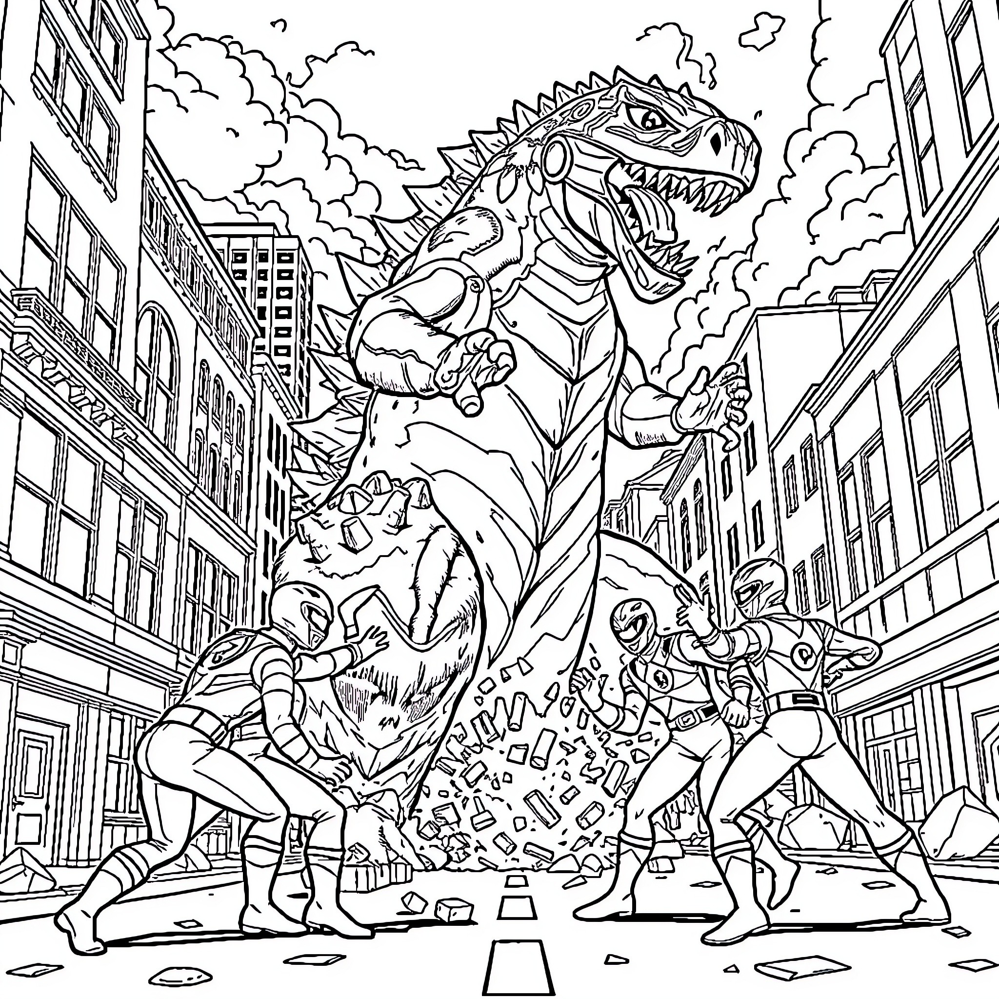 Power Ranger Defenders Battling Monstrous Creature in the City Coloring Page (free black-and-white line drawing printable PDF for all, from beginners to advanced learners, including children, teens, adults, and seniors)
