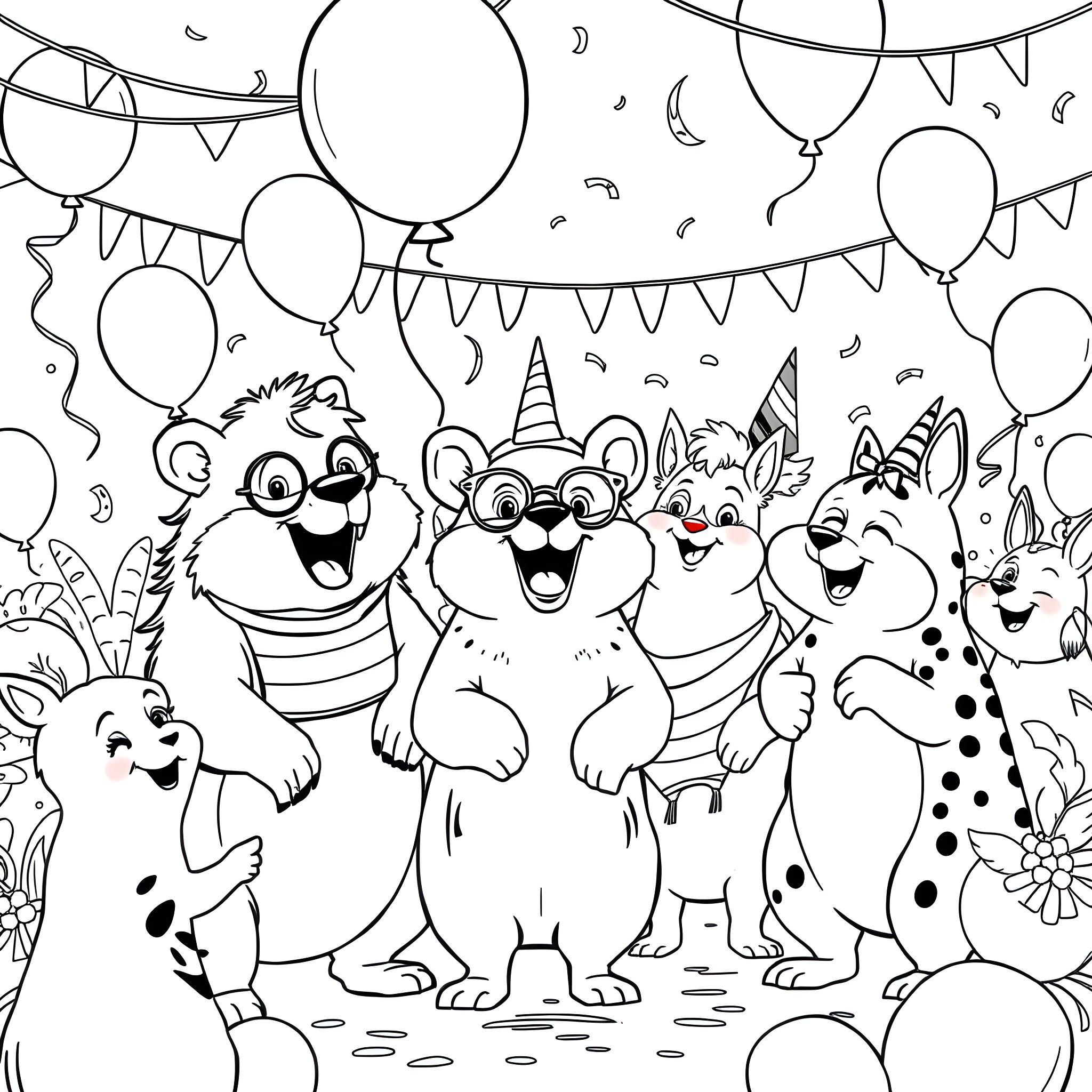 Animal party with balloons and confetti Coloring Page (free black-and-white line drawing printable PDF for all, from beginners to advanced learners, including children, teens, adults, and seniors)