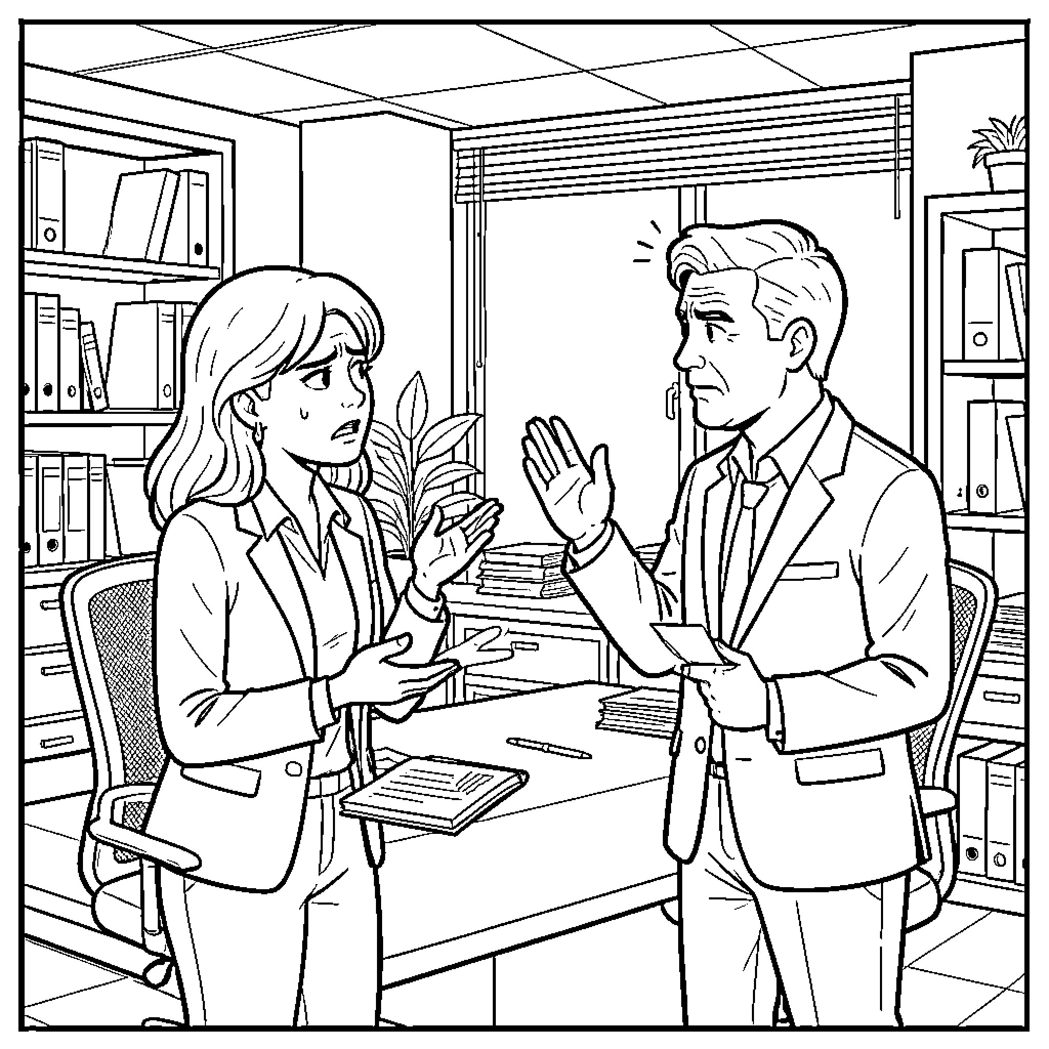 Collègue having a serious discussion in an office Coloring Page (free black-and-white line drawing printable PDF for all, from beginners to advanced learners, including children, teens, adults, and seniors)