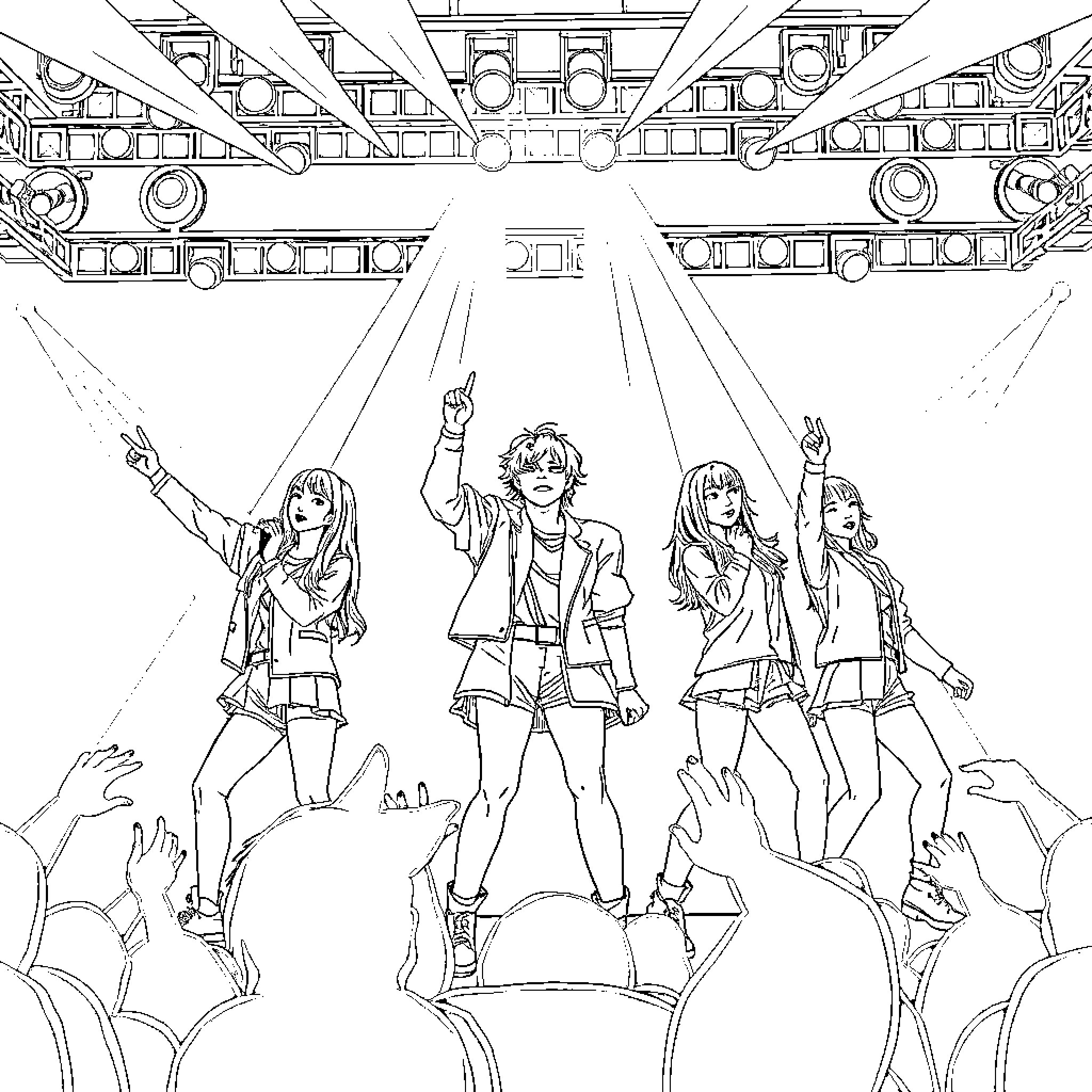 Hunter leads band in energetic concert performance Coloring Page (free black-and-white line drawing printable PDF for all, from beginners to advanced learners, including children, teens, adults, and seniors)