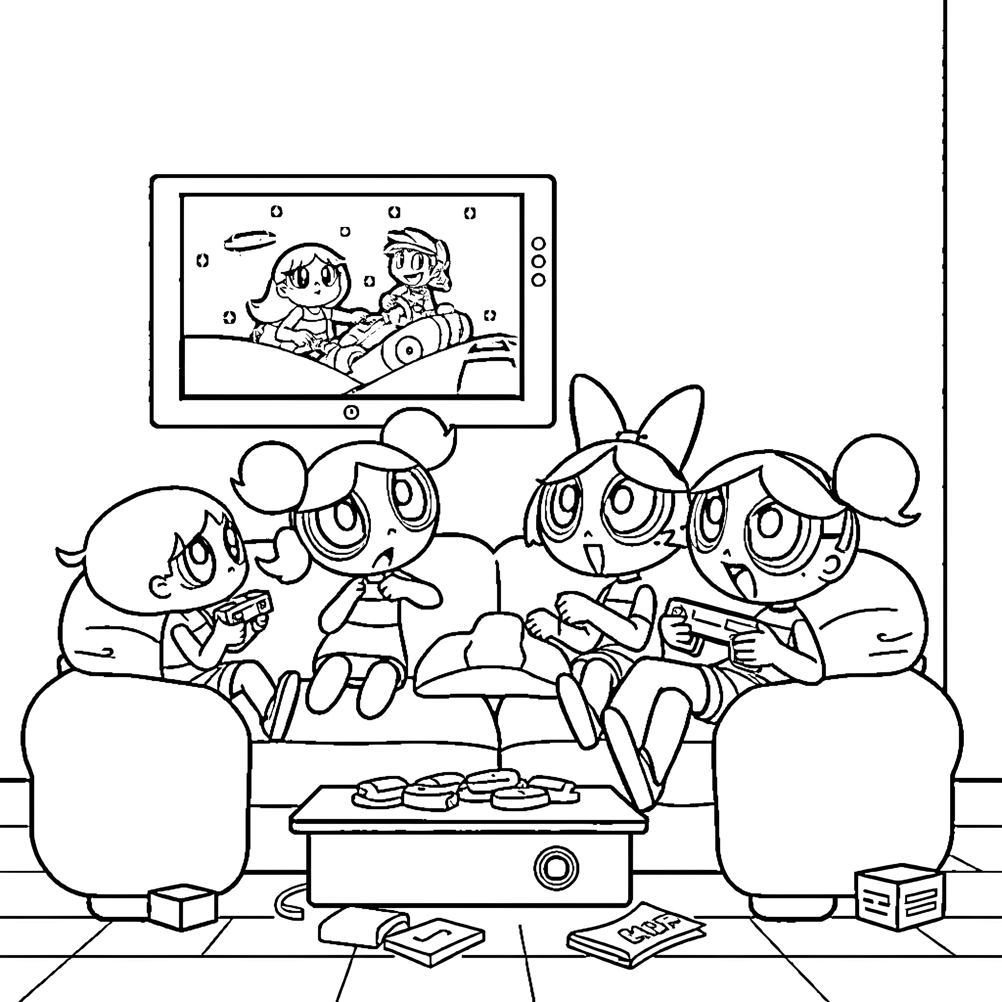 Powerpuff Girls Enjoying Video Game Together Coloring Page (free black-and-white line drawing printable PDF for all, from beginners to advanced learners, including children, teens, adults, and seniors)