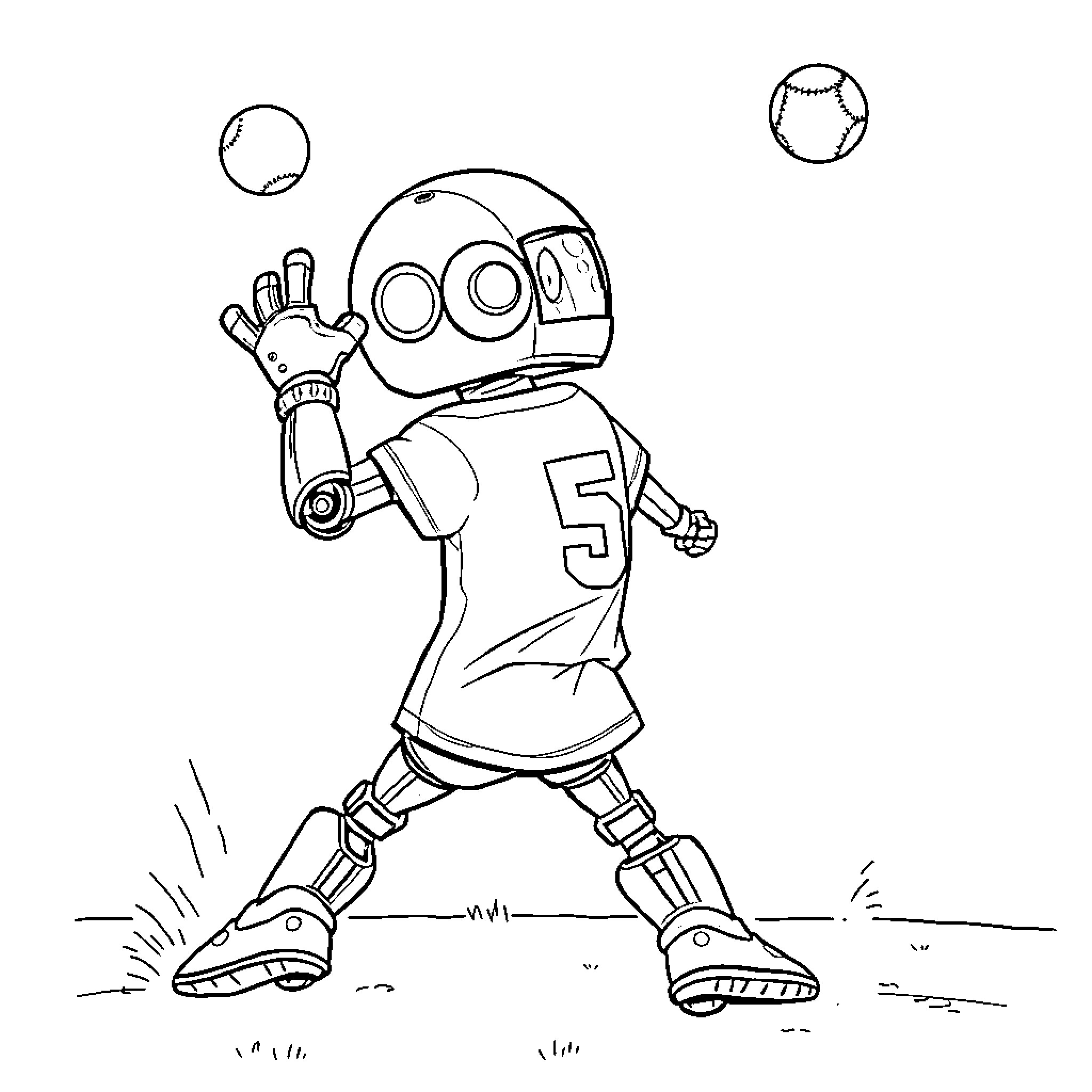 Robot Baseball Player Catching Balls Coloring Page (free black-and-white line drawing printable PDF for all, from beginners to advanced learners, including children, teens, adults, and seniors)