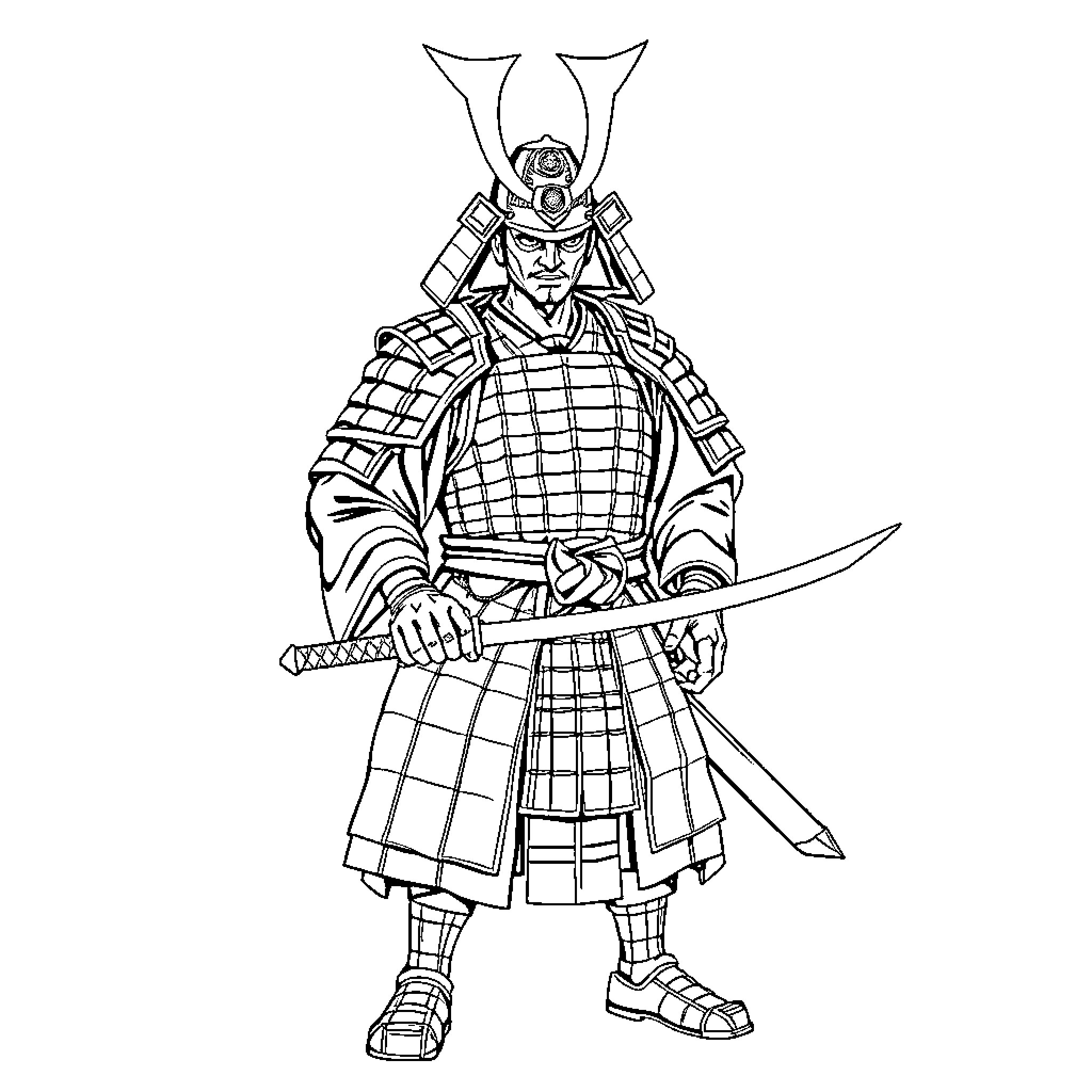 Samurai warrior in battle-ready stance with sword Coloring Page (free black-and-white line drawing printable PDF for all, from beginners to advanced learners, including children, teens, adults, and seniors)