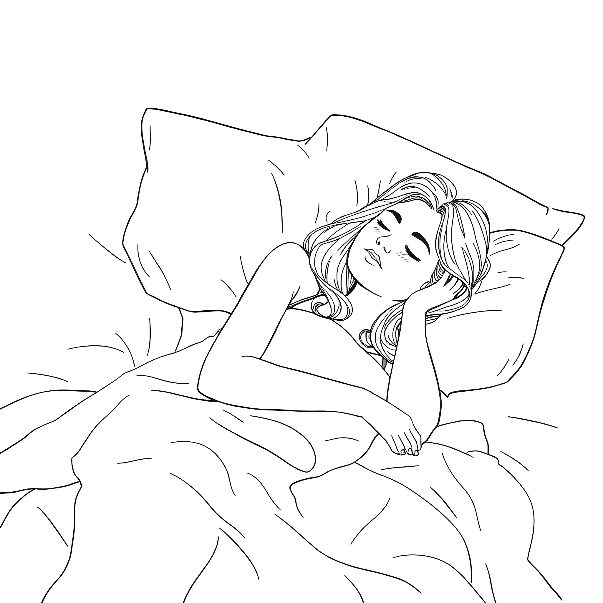 Girl sleeping peacefully in bed Coloring Page (free black-and-white line drawing printable PDF for all, from beginners to advanced learners, including children, teens, adults, and seniors)