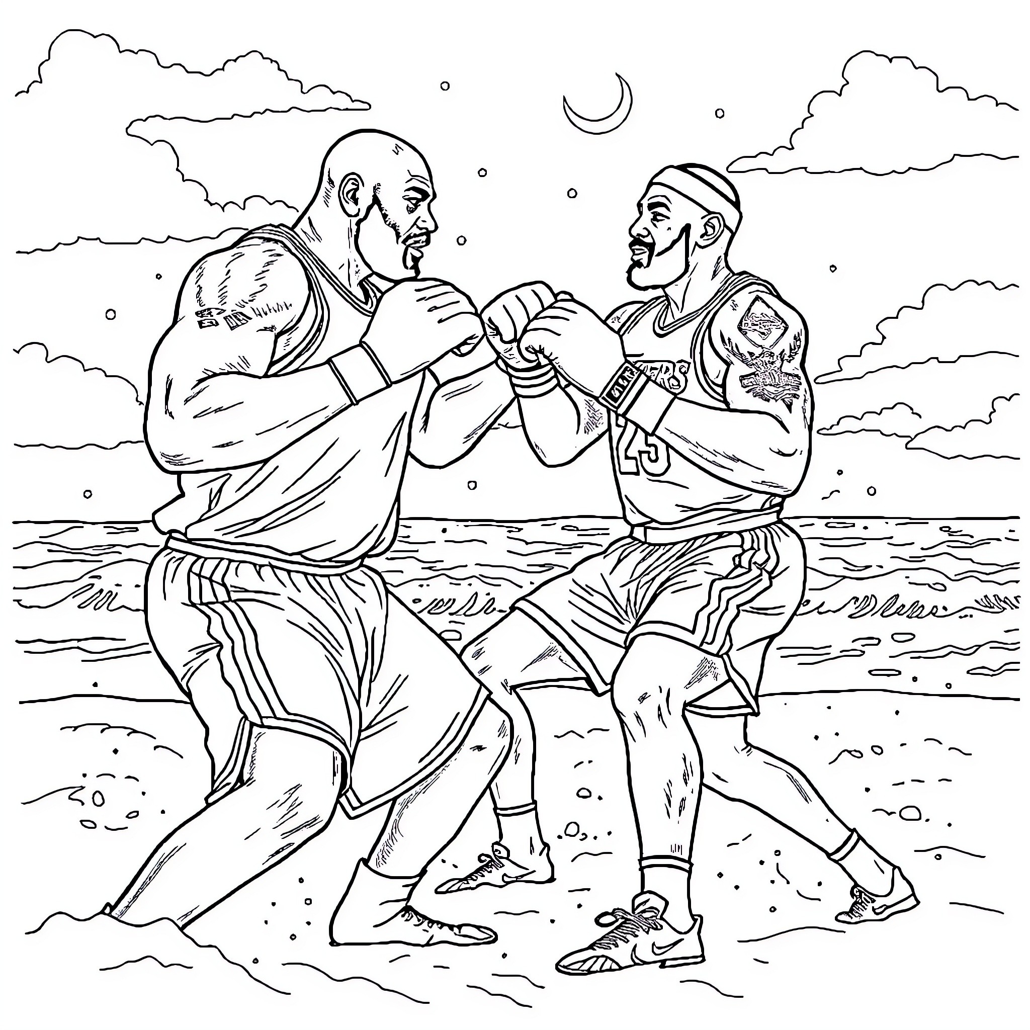 Boxing match on the beach under the moonlight Coloring Page (free black-and-white line drawing printable PDF for all, from beginners to advanced learners, including children, teens, adults, and seniors)