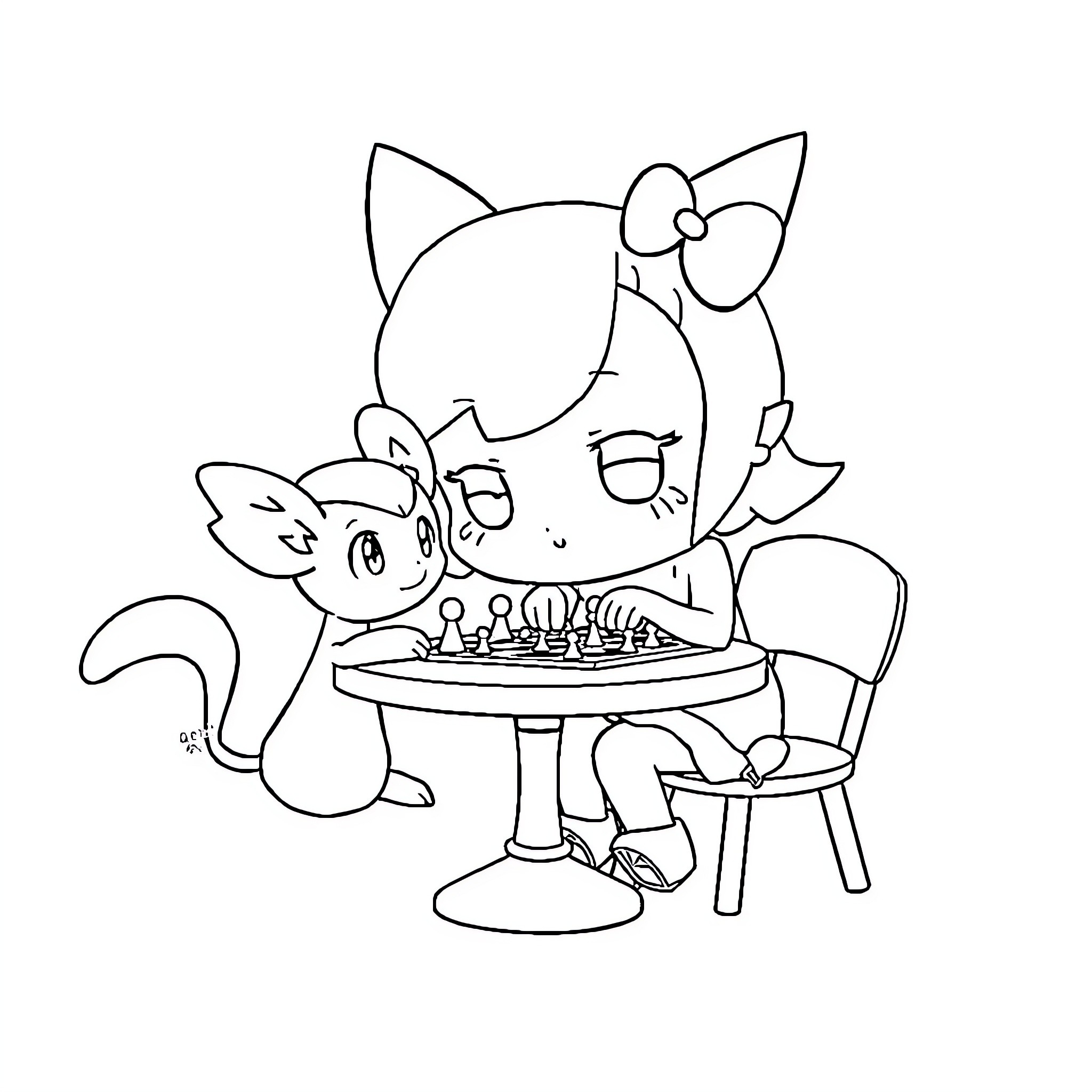 Kuromi playing chess with a cat Coloring Page (free black-and-white line drawing printable PDF for all, from beginners to advanced learners, including children, teens, adults, and seniors)