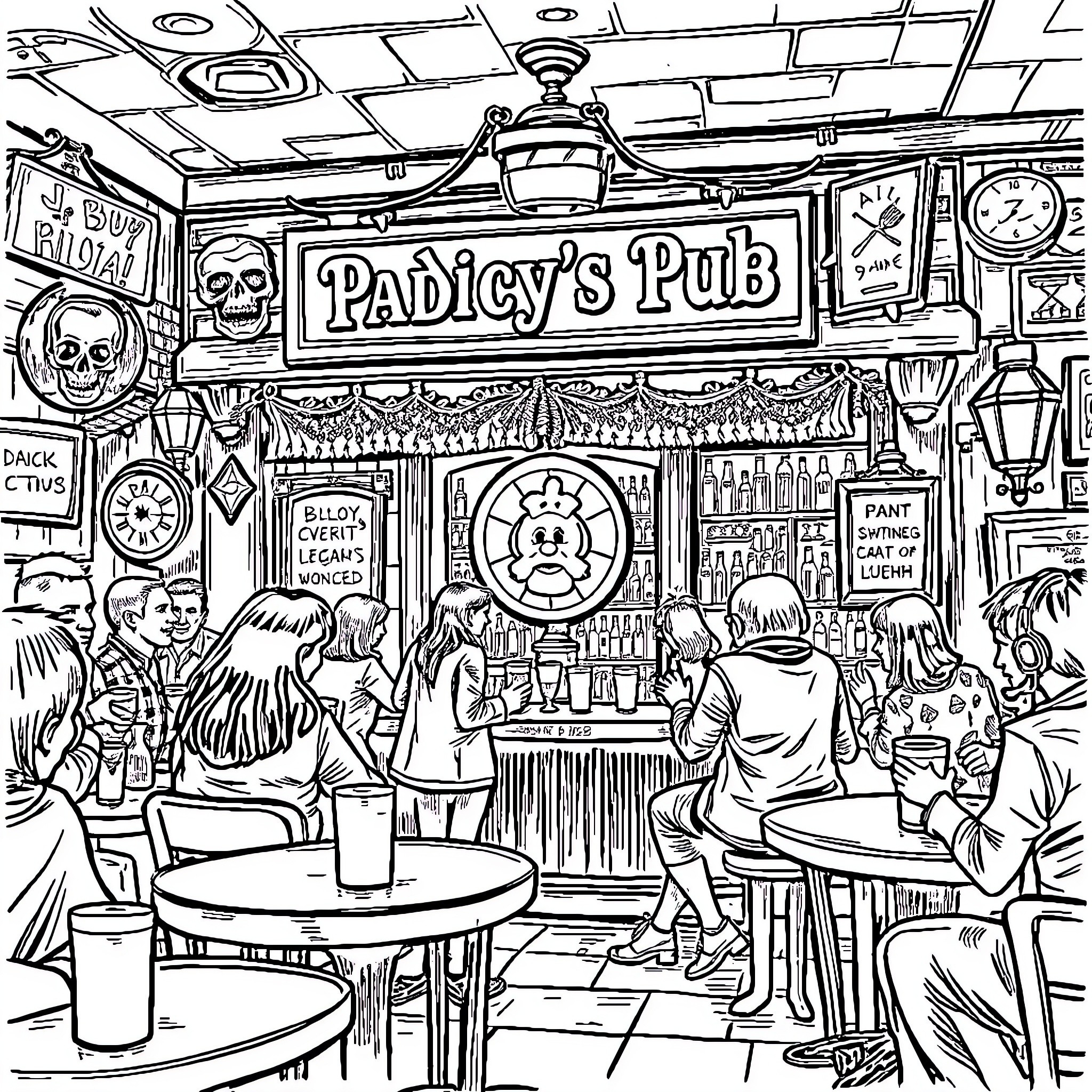 Pub scene with patrons and lively atmosphere Coloring Page (free black-and-white line drawing printable PDF for all, from beginners to advanced learners, including children, teens, adults, and seniors)