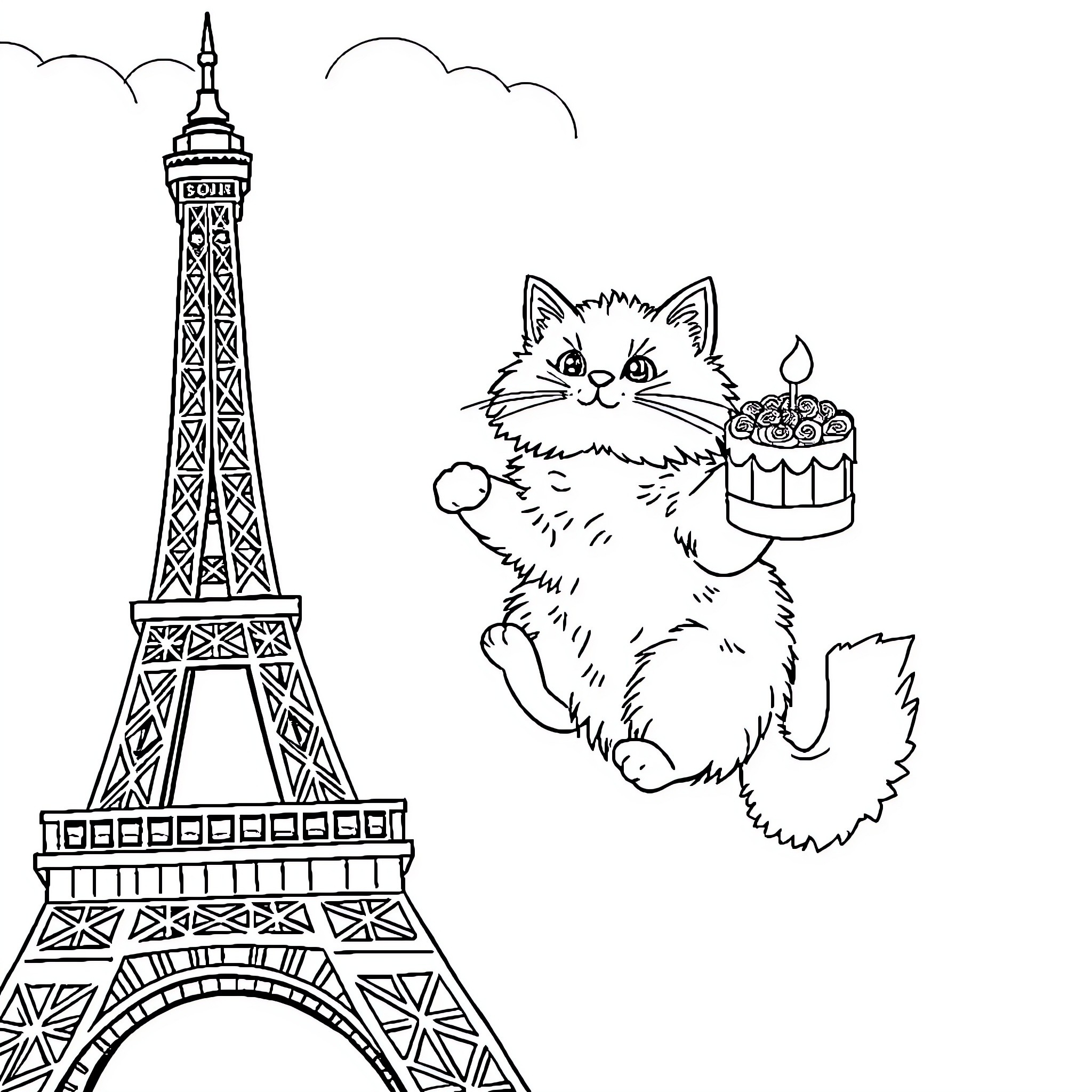 Cat celebrating with cake near Eiffel Tower Coloring Page (free black-and-white line drawing printable PDF for all, from beginners to advanced learners, including children, teens, adults, and seniors)