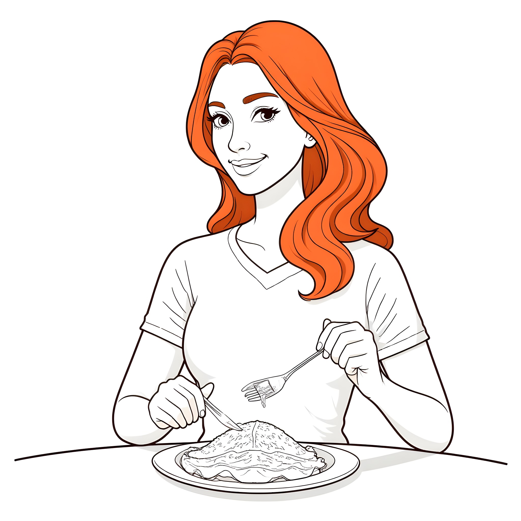 Woman enjoying a hearty meal Coloring Page (free black-and-white line drawing printable PDF for all, from beginners to advanced learners, including children, teens, adults, and seniors)