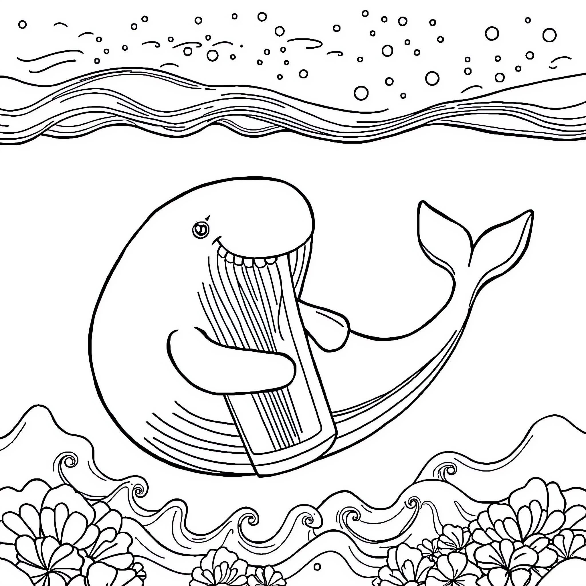 Whale swimming happily in the ocean Coloring Page (free black-and-white line drawing printable PDF for all, from beginners to advanced learners, including children, teens, adults, and seniors)