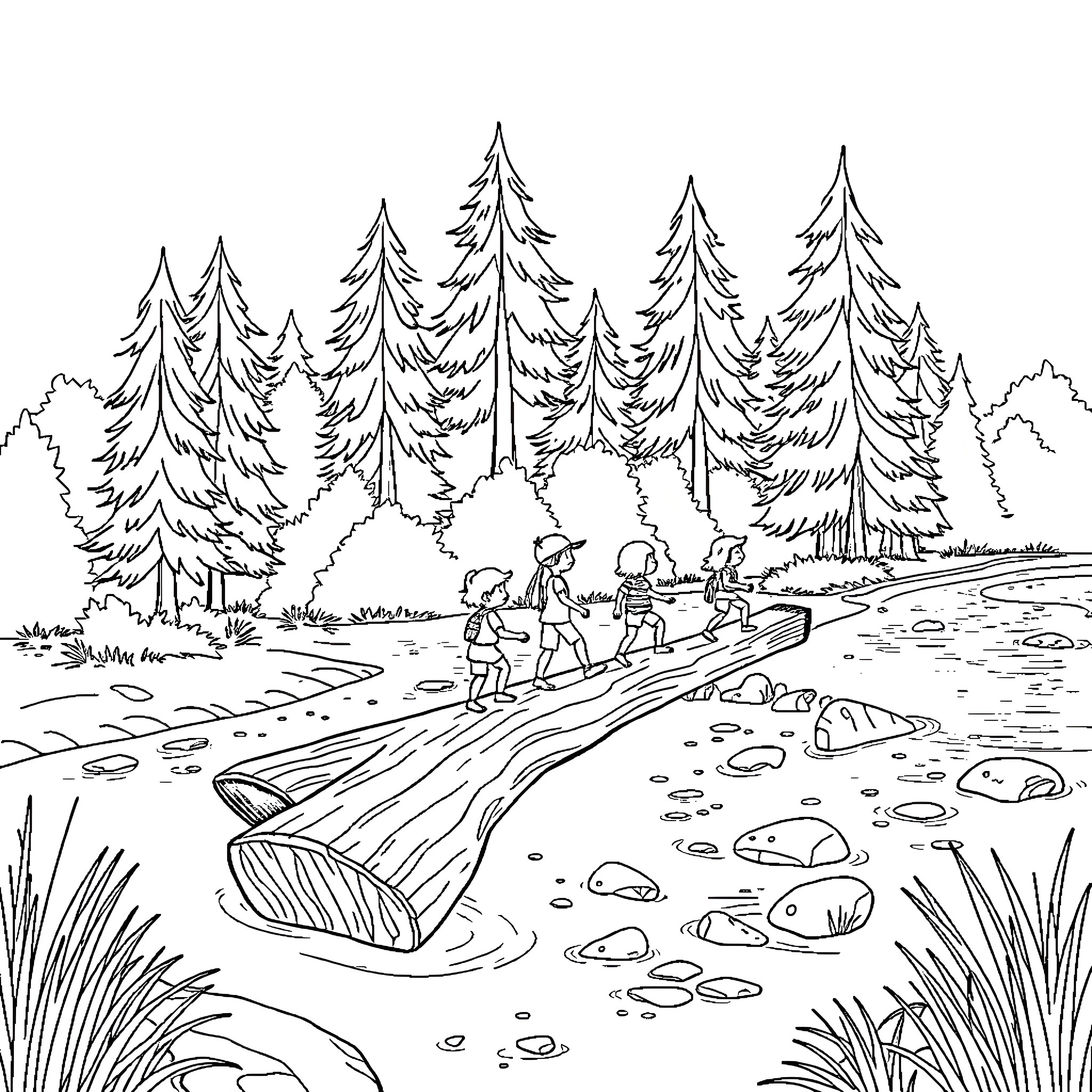Kid hiking through the serene forest landscape Coloring Page (free black-and-white line drawing printable PDF for all, from beginners to advanced learners, including children, teens, adults, and seniors)