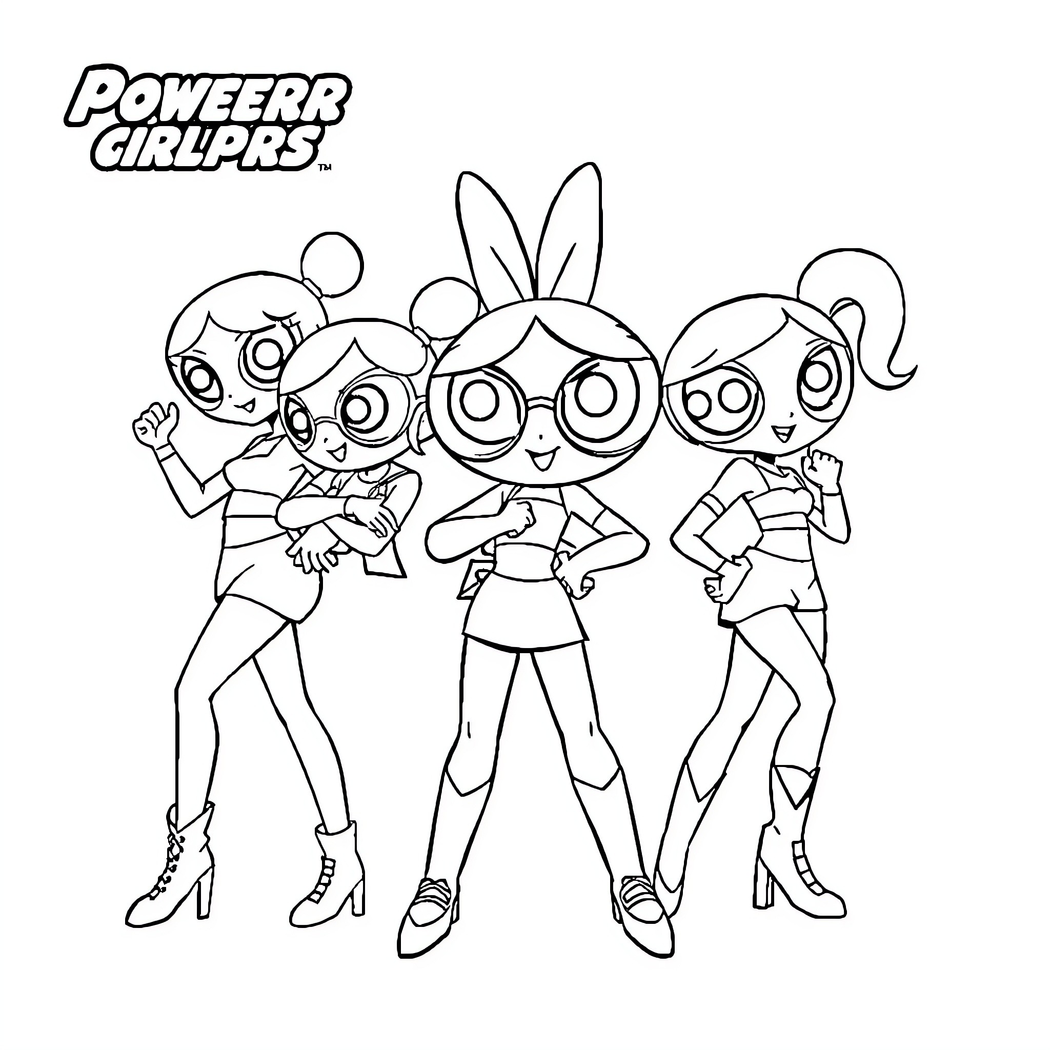 Powerpuff Girls posing confidently in their iconic outfits Coloring Page (free black-and-white line drawing printable PDF for all, from beginners to advanced learners, including children, teens, adults, and seniors)