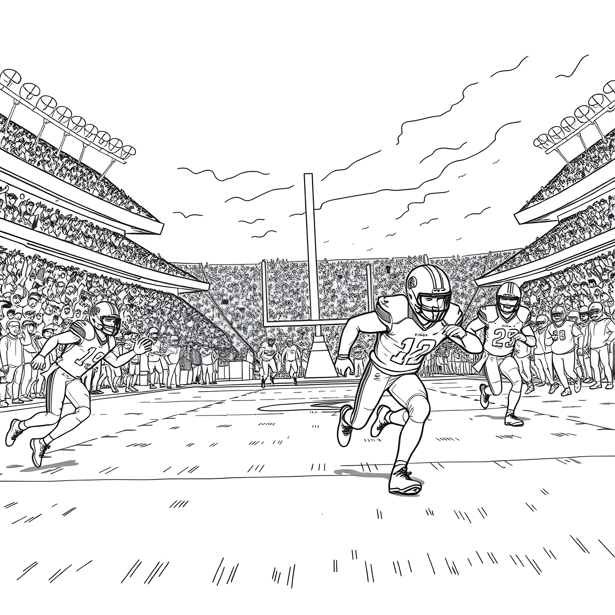 Lion Players on the Field in a Stadium Coloring Page (free black-and-white line drawing printable PDF for all, from beginners to advanced learners, including children, teens, adults, and seniors)