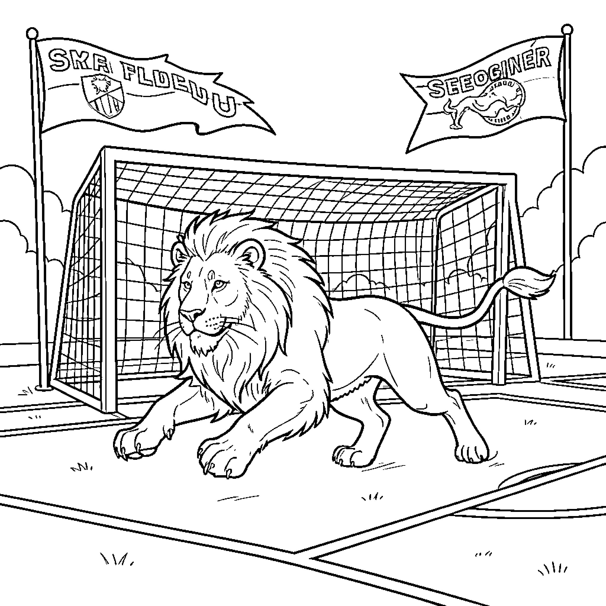 Lion in a soccer stadium Coloring Page (free black-and-white line drawing printable PDF for all, from beginners to advanced learners, including children, teens, adults, and seniors)