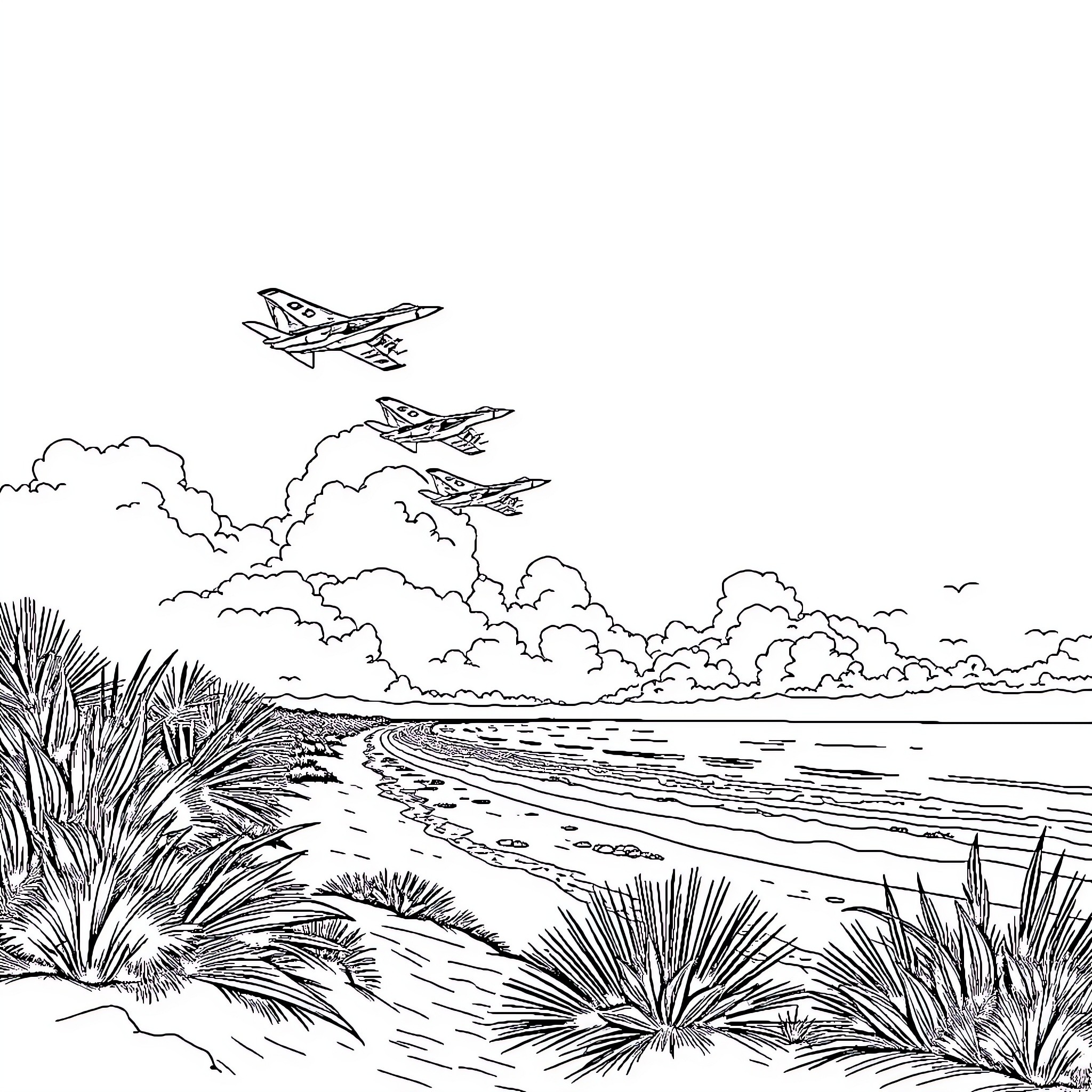 Angel pilots soar over serene coastal landscape Coloring Page (free black-and-white line drawing printable PDF for all, from beginners to advanced learners, including children, teens, adults, and seniors)