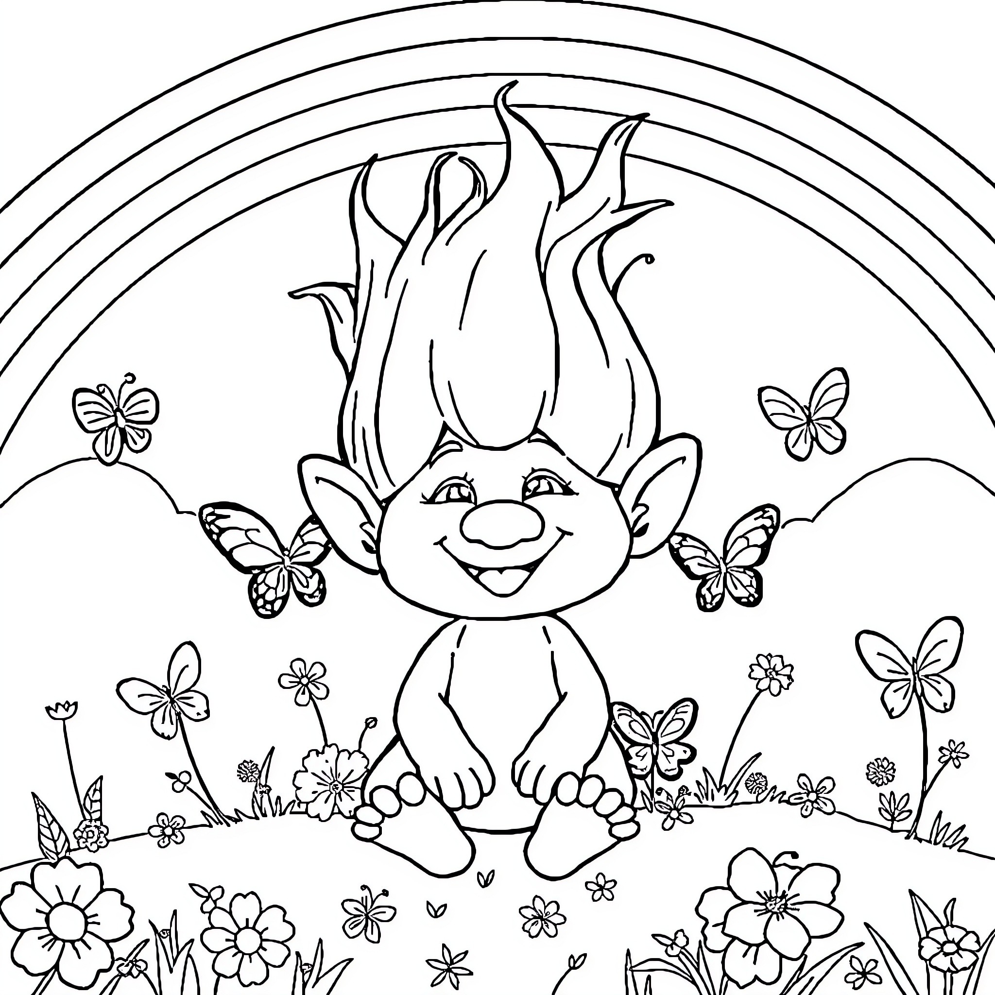Poppy the Troll surrounded by flowers and butterflies Coloring Page (free black-and-white line drawing printable PDF for all, from beginners to advanced learners, including children, teens, adults, and seniors)