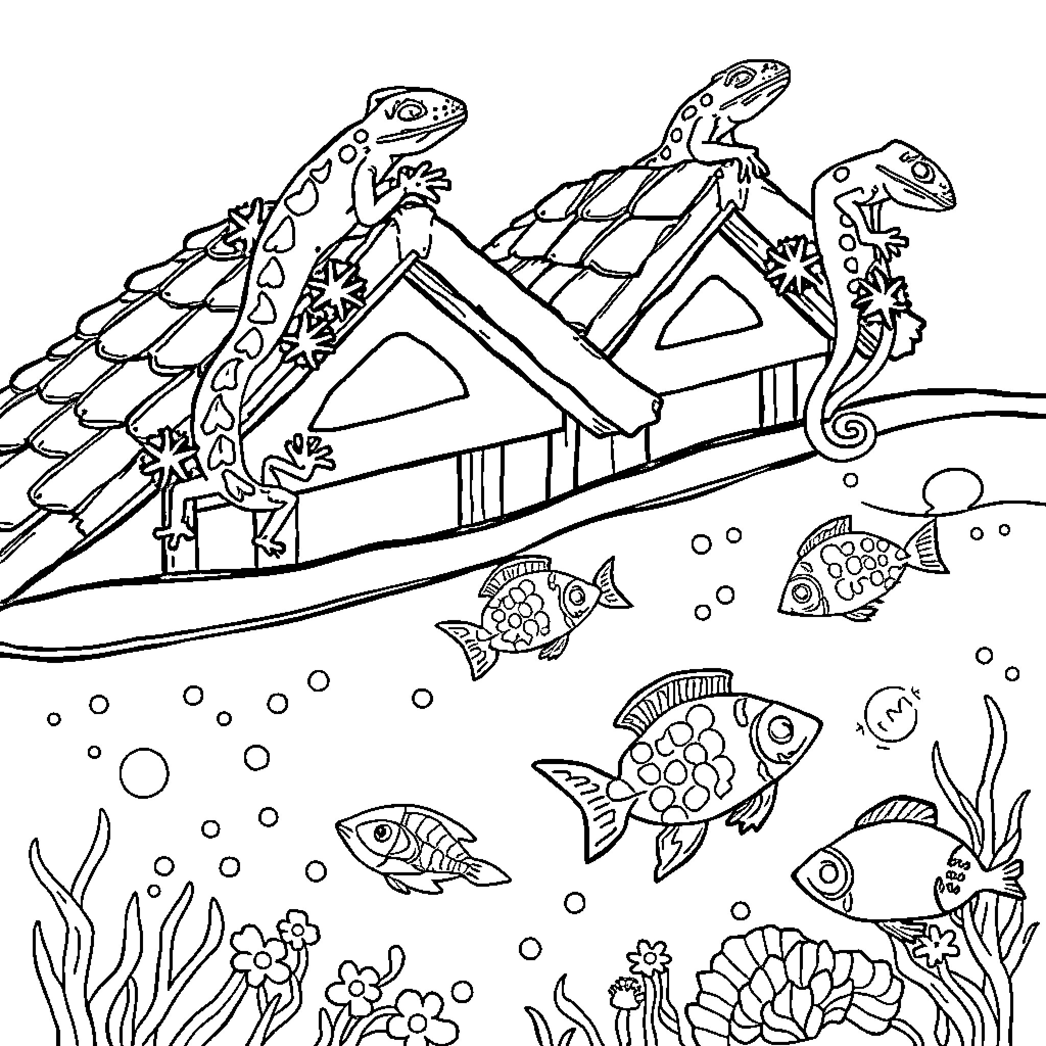 Gecko family exploring underwater ocean scene Coloring Page (free black-and-white line drawing printable PDF for all, from beginners to advanced learners, including children, teens, adults, and seniors)