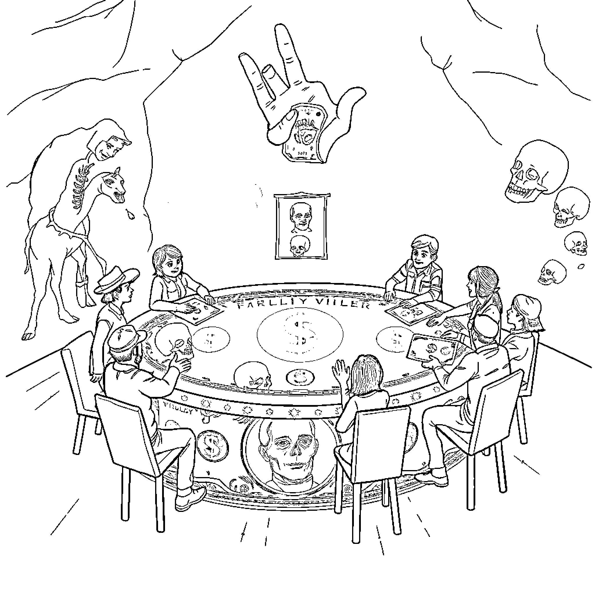 Money, Skulls, and Cartoon Characters Gather at a Table Coloring Page (free black-and-white line drawing printable PDF for all, from beginners to advanced learners, including children, teens, adults, and seniors)