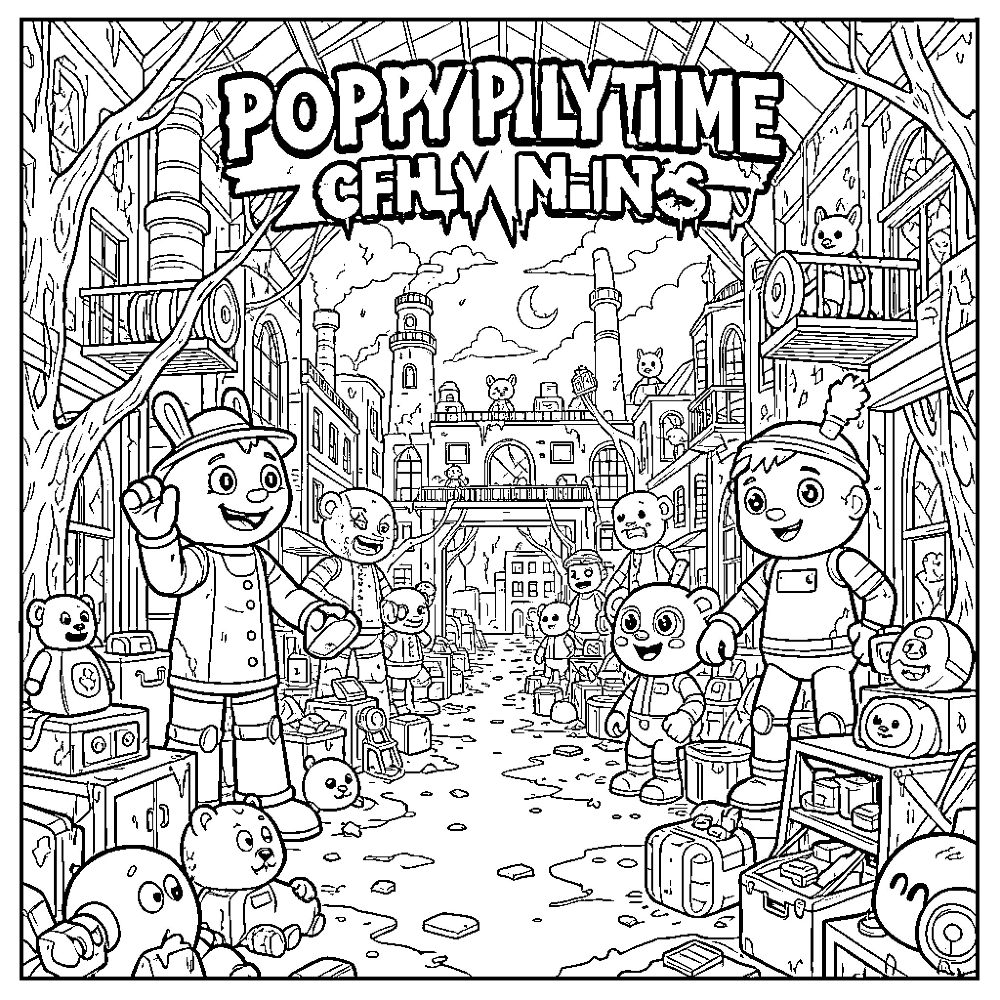 Poppy playtime with friendly characters in a whimsical town Coloring Page (free black-and-white line drawing printable PDF for all, from beginners to advanced learners, including children, teens, adults, and seniors)