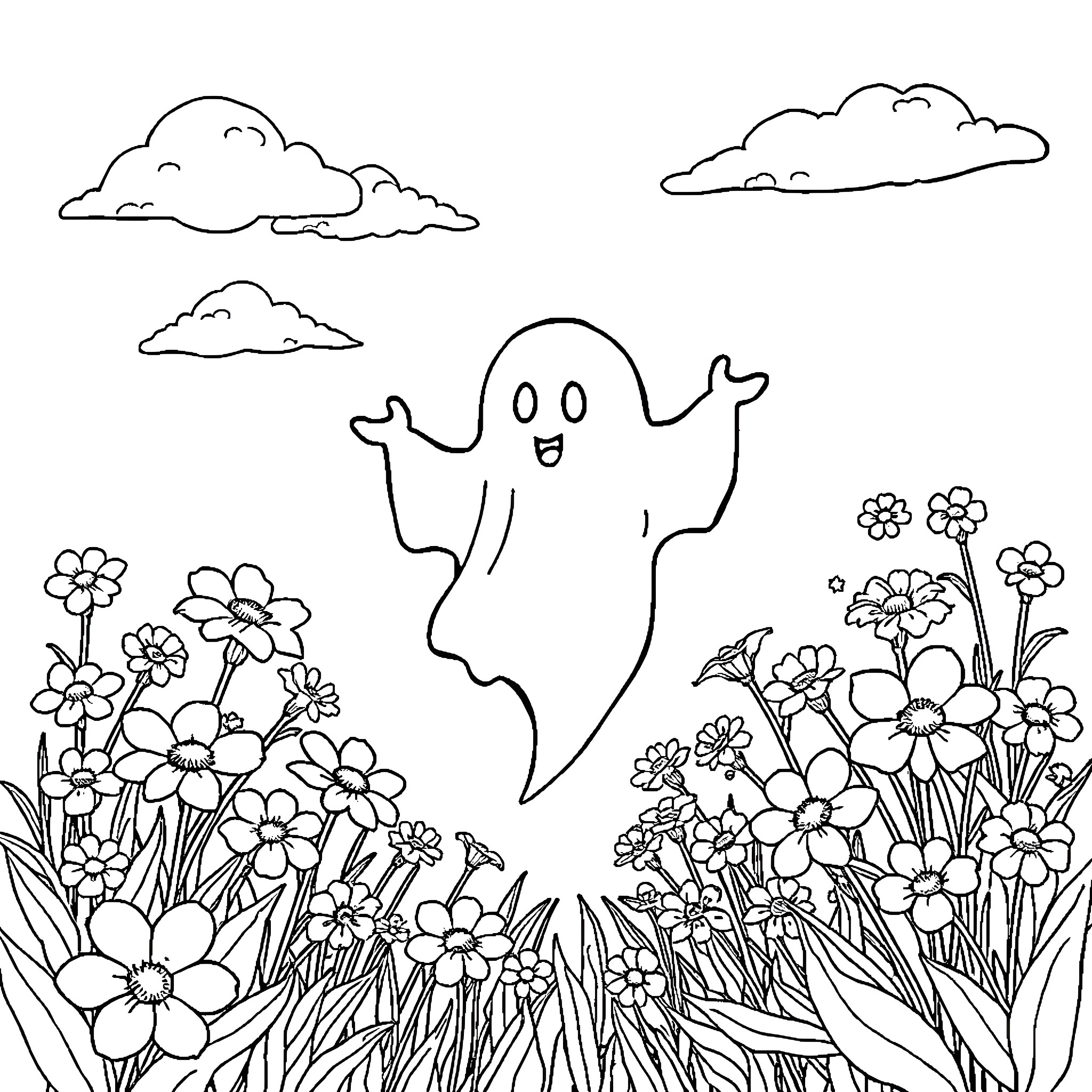 Ghost playing happily in a flower garden Coloring Page (free black-and-white line drawing printable PDF for all, from beginners to advanced learners, including children, teens, adults, and seniors)