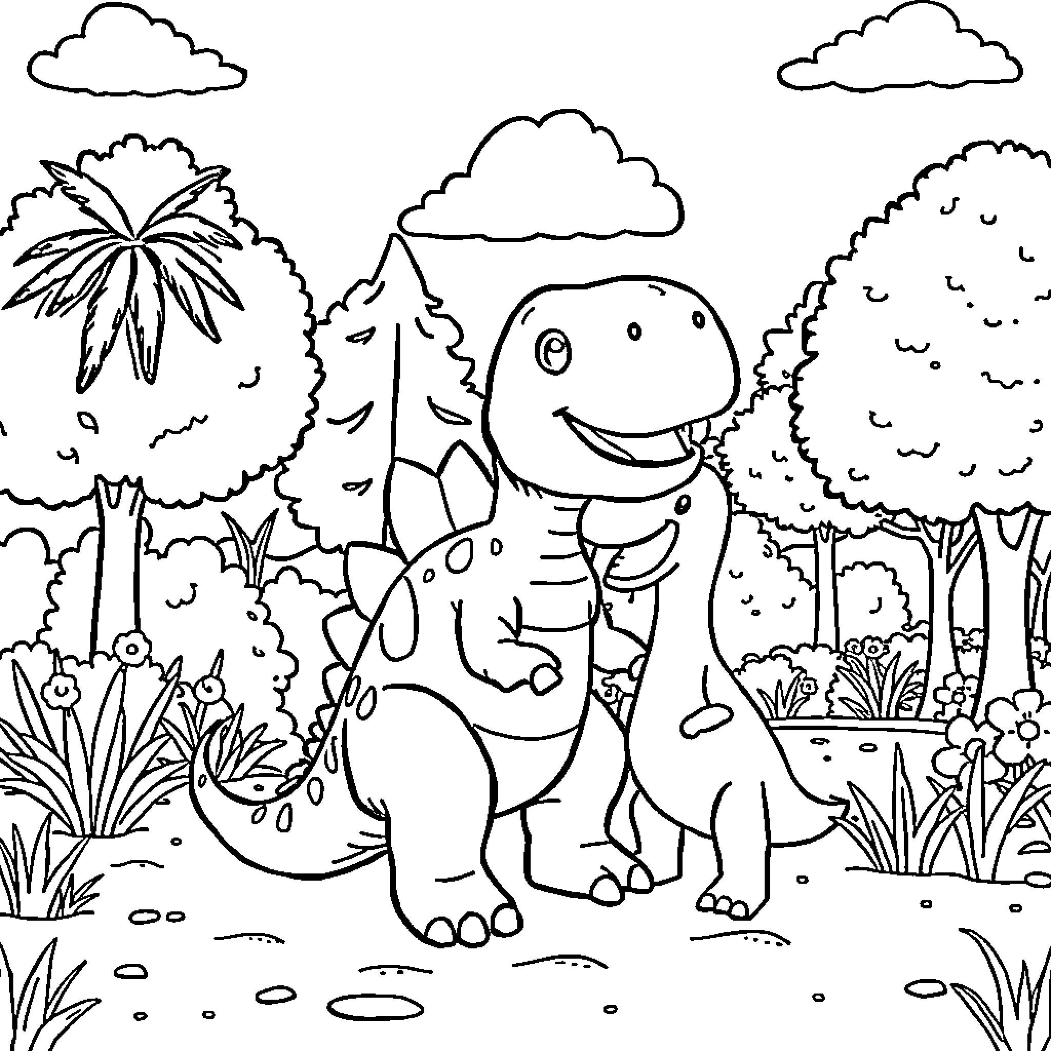 Dinosaur playing happily in a lush forest Coloring Page (free black-and-white line drawing printable PDF for all, from beginners to advanced learners, including children, teens, adults, and seniors)