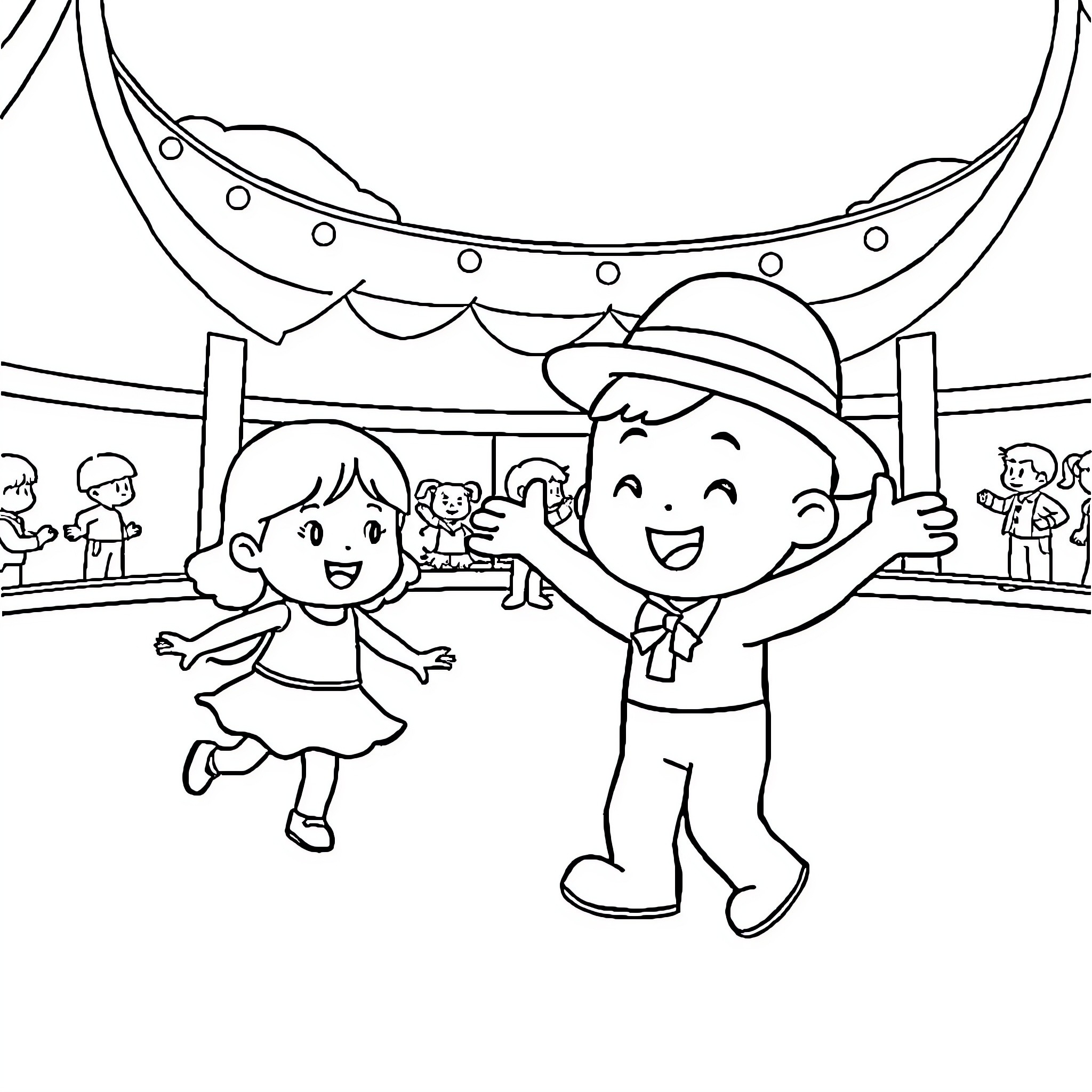 Pocoyo and friend celebrate joyfully at the carnival Coloring Page (free black-and-white line drawing printable PDF for all, from beginners to advanced learners, including children, teens, adults, and seniors)