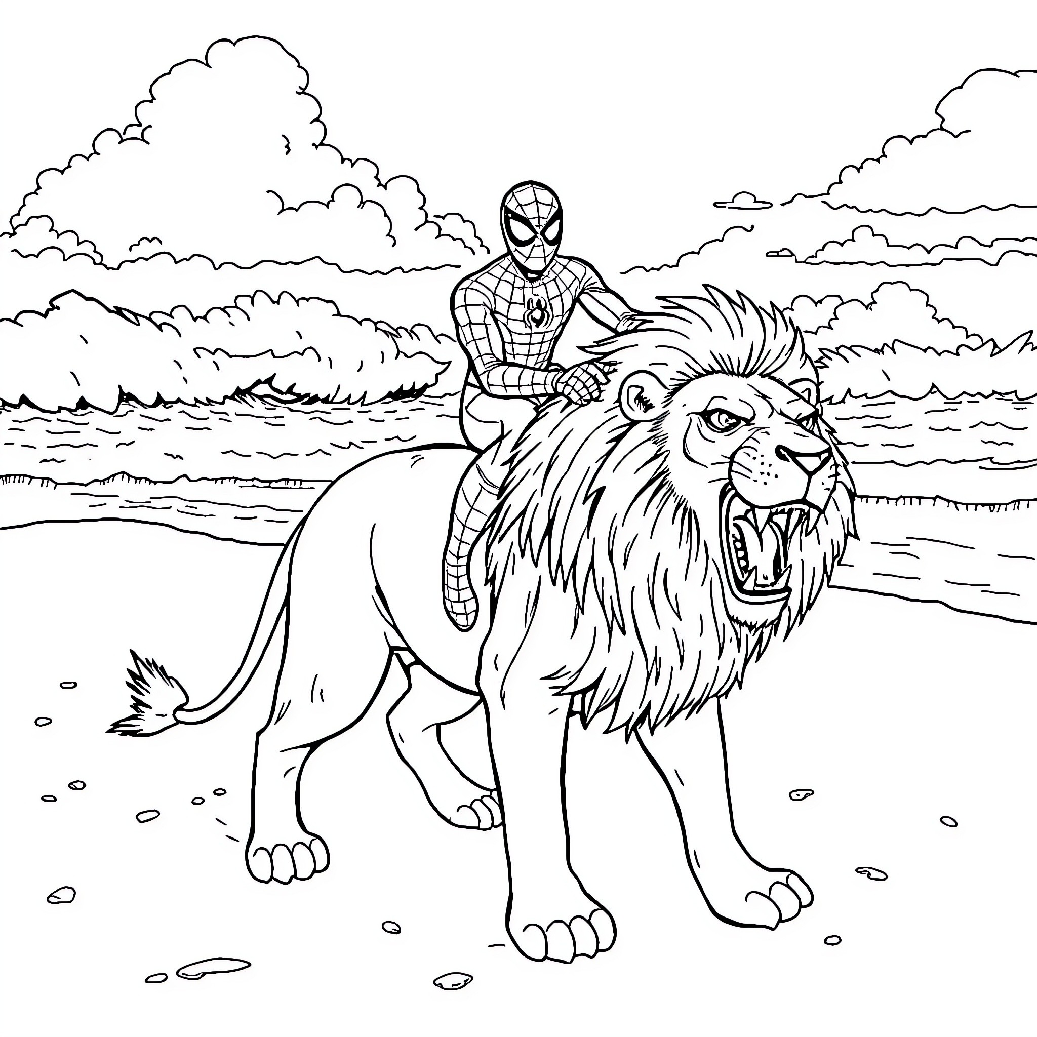 Spider-Man rides a mighty lion through the clouds Coloring Page (free black-and-white line drawing printable PDF for all, from beginners to advanced learners, including children, teens, adults, and seniors)
