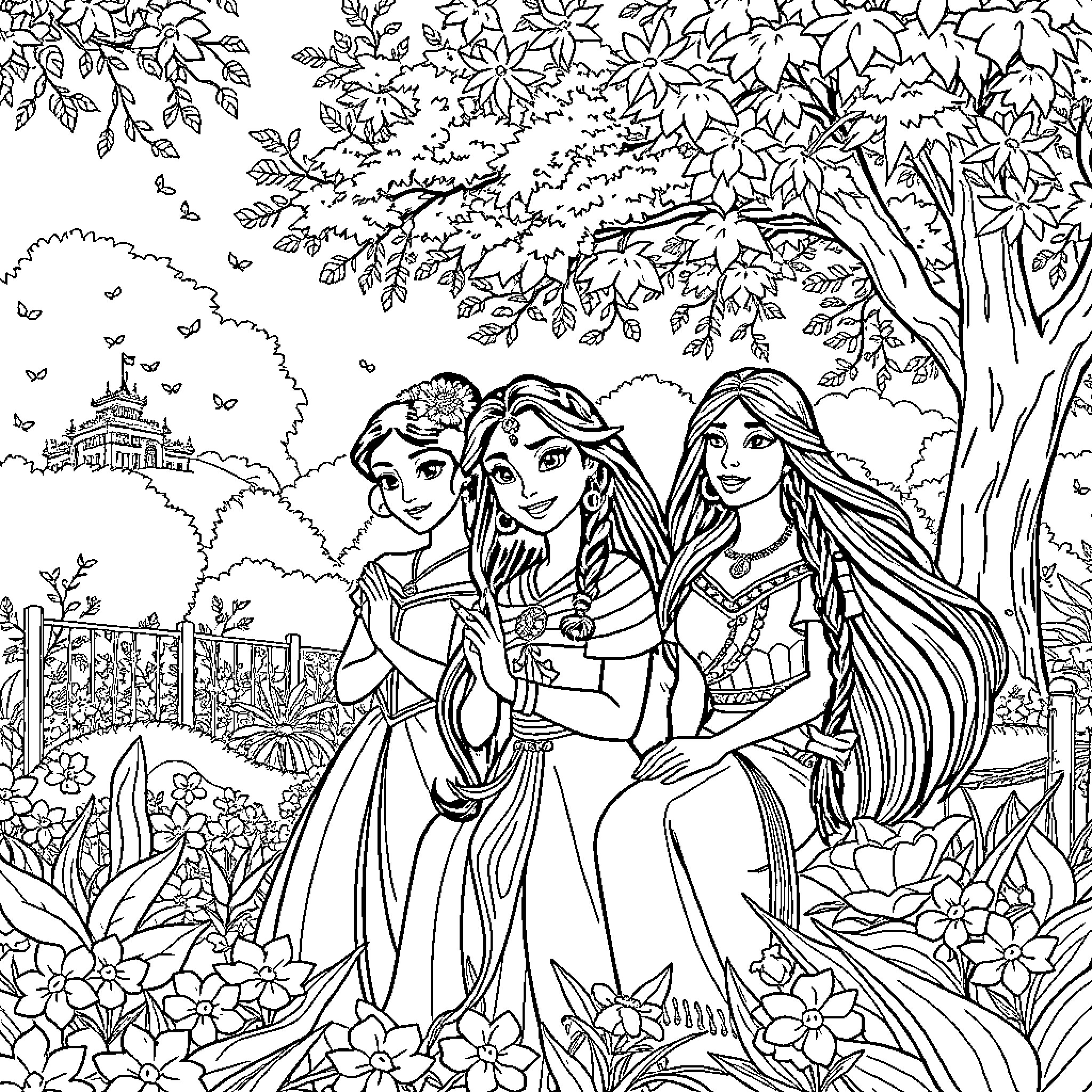 Princess Sisters Enjoying Scenic Garden Coloring Page (free black-and-white line drawing printable PDF for all, from beginners to advanced learners, including children, teens, adults, and seniors)