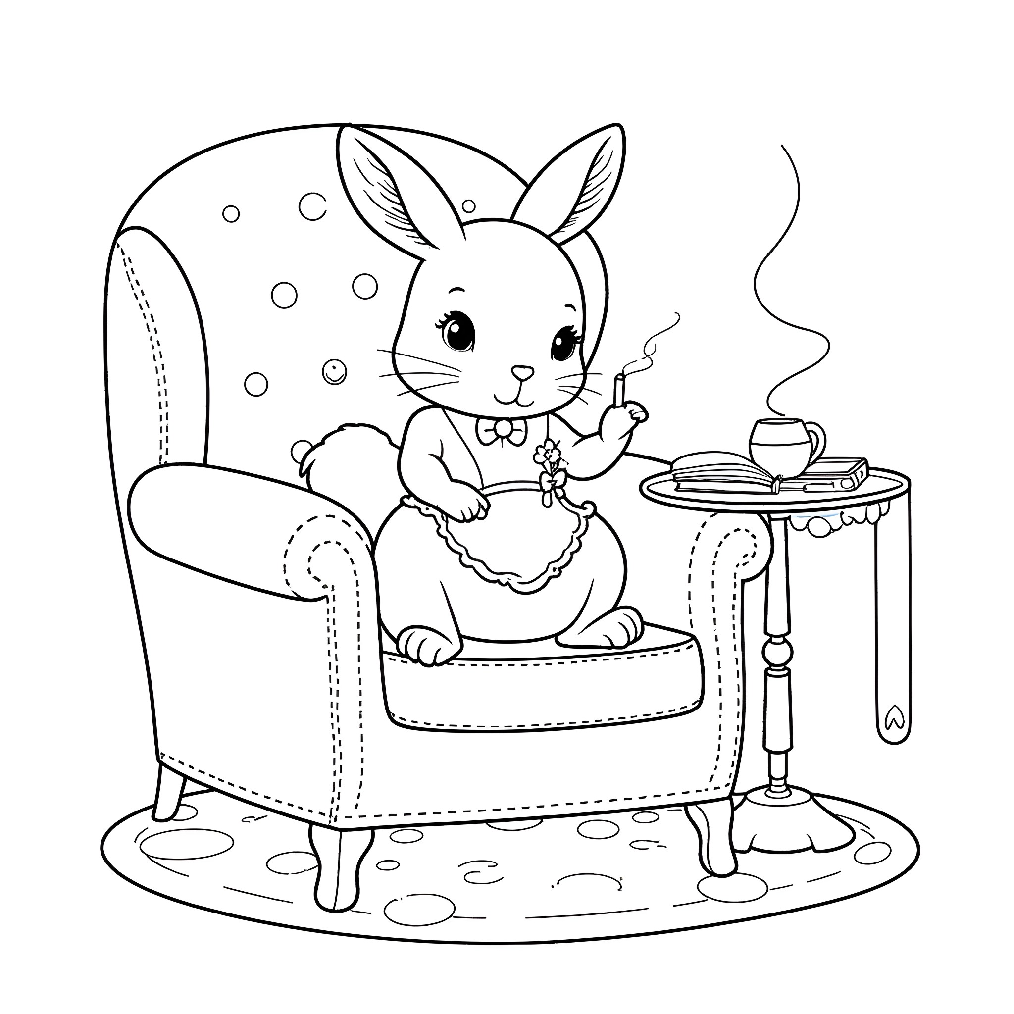 Rabbit relaxing with a cup of tea in a cozy chair Coloring Page (free black-and-white line drawing printable PDF for all, from beginners to advanced learners, including children, teens, adults, and seniors)