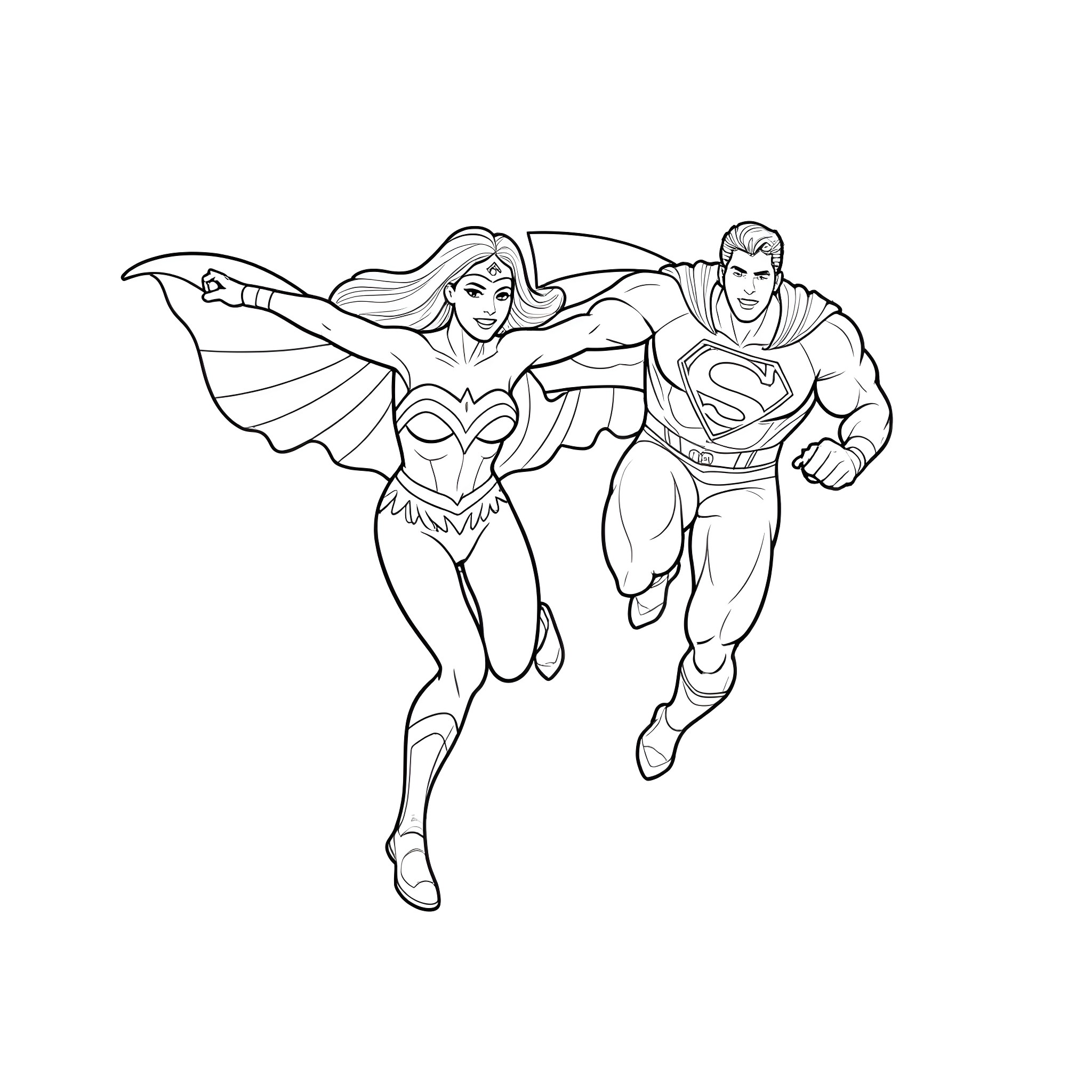Wonder Woman and Superman in Action Coloring Page (free black-and-white line drawing printable PDF for all, from beginners to advanced learners, including children, teens, adults, and seniors)