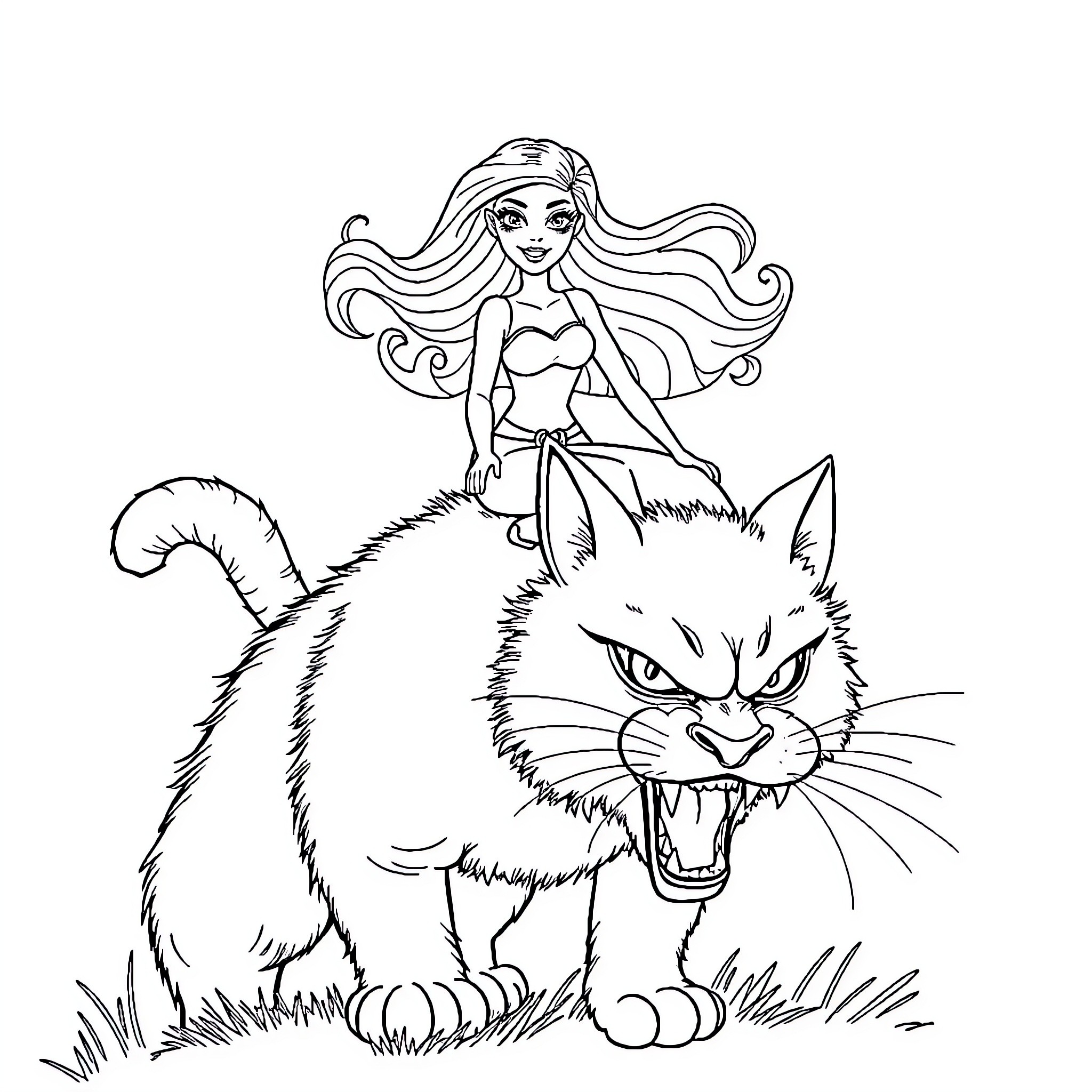 Barbie posing with ferocious cat in the wild Coloring Page (free black-and-white line drawing printable PDF for all, from beginners to advanced learners, including children, teens, adults, and seniors)