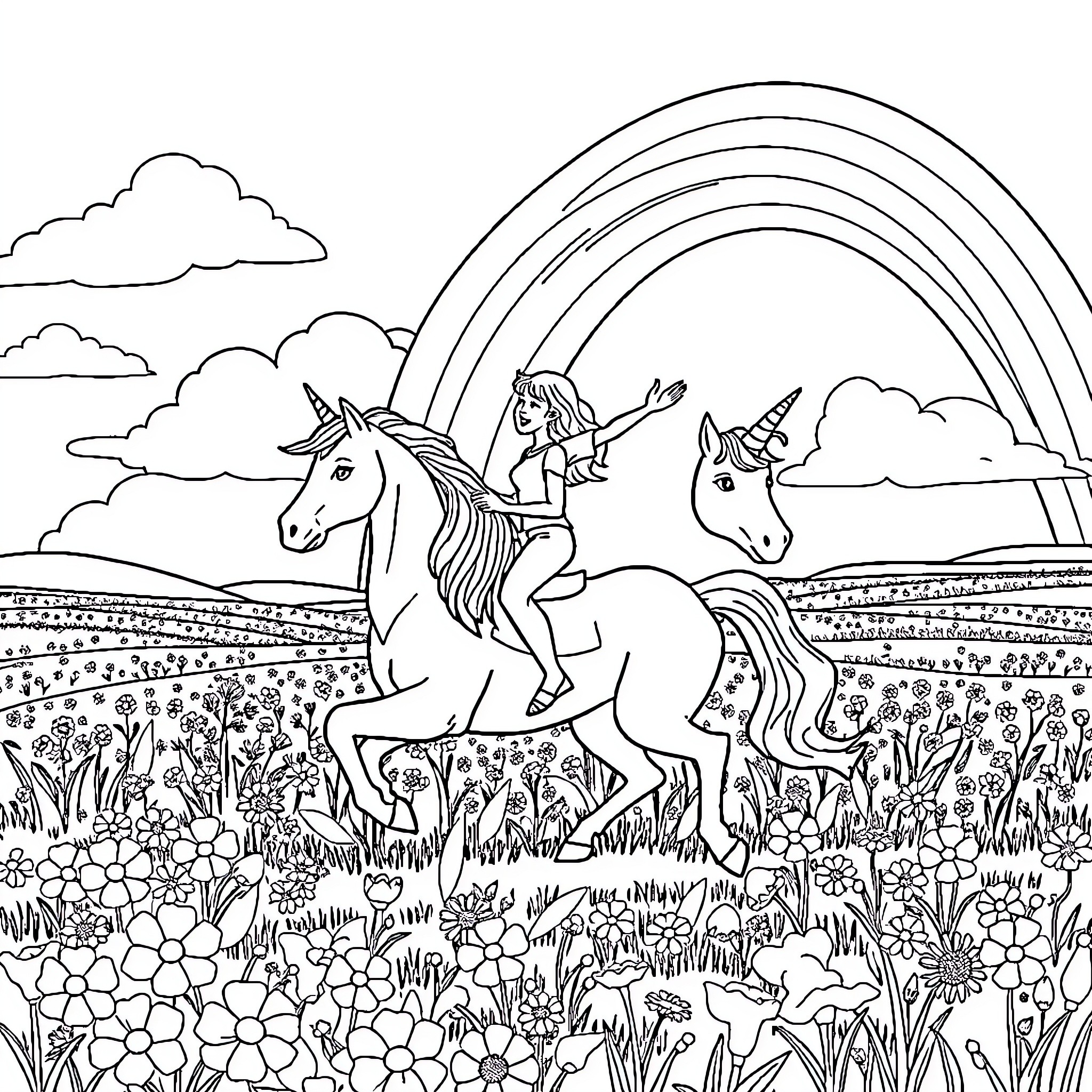 Unicorn Riders Exploring Enchanted Meadow with Rainbow Coloring Page (free black-and-white line drawing printable PDF for all, from beginners to advanced learners, including children, teens, adults, and seniors)