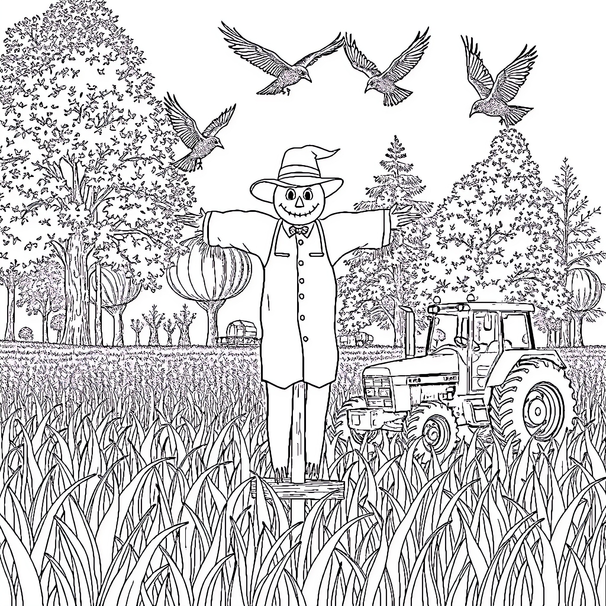 Scarecrow standing tall amidst the bustling farm Coloring Page (free black-and-white line drawing printable PDF for all, from beginners to advanced learners, including children, teens, adults, and seniors)