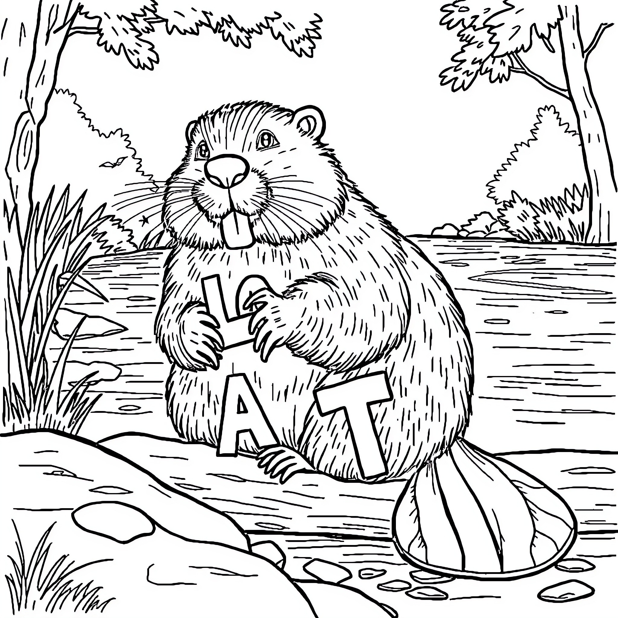 Beaver enjoying nature near the riverbank Coloring Page (free black-and-white line drawing printable PDF for all, from beginners to advanced learners, including children, teens, adults, and seniors)