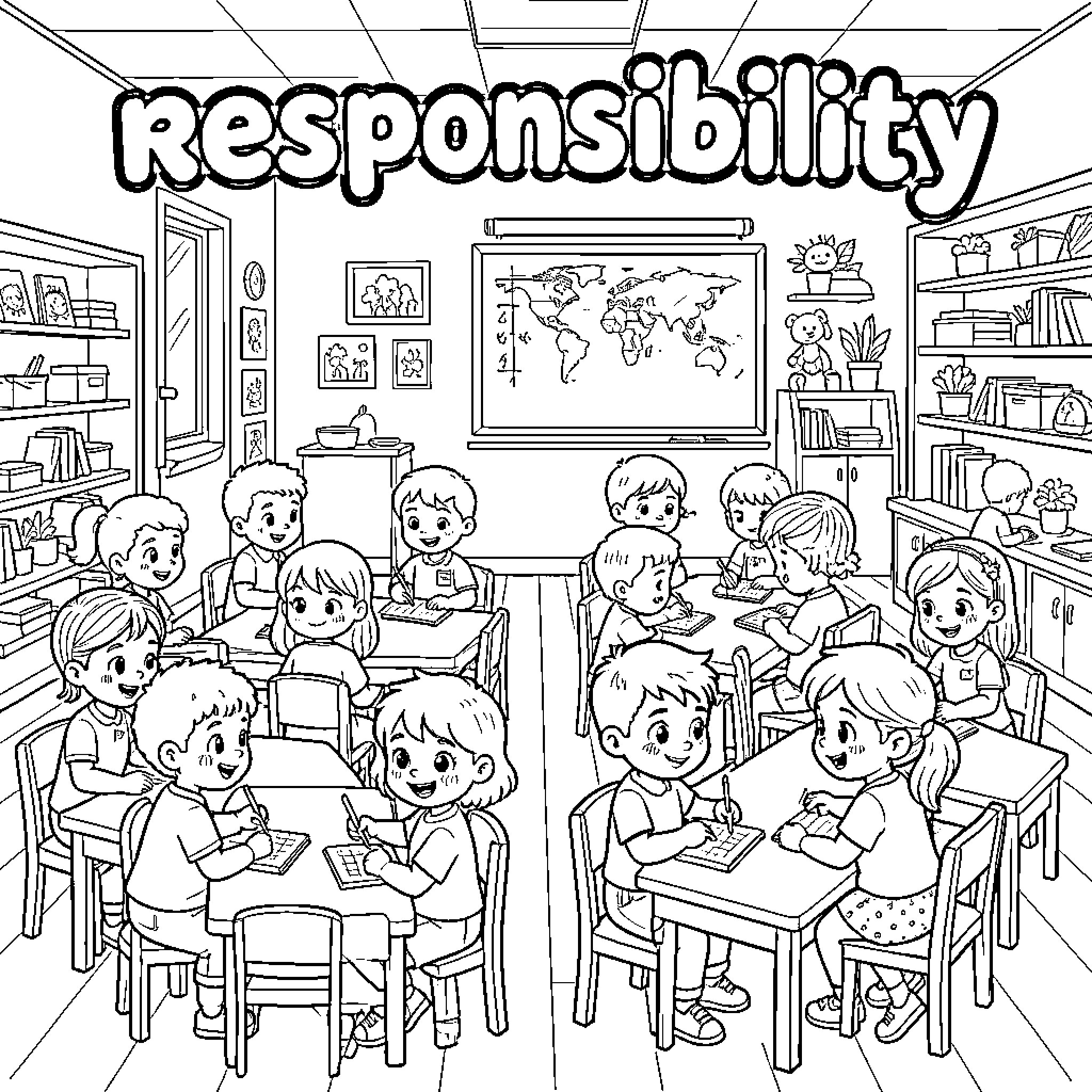 Student children studying together in a classroom setting Coloring Page (free black-and-white line drawing printable PDF for all, from beginners to advanced learners, including children, teens, adults, and seniors)