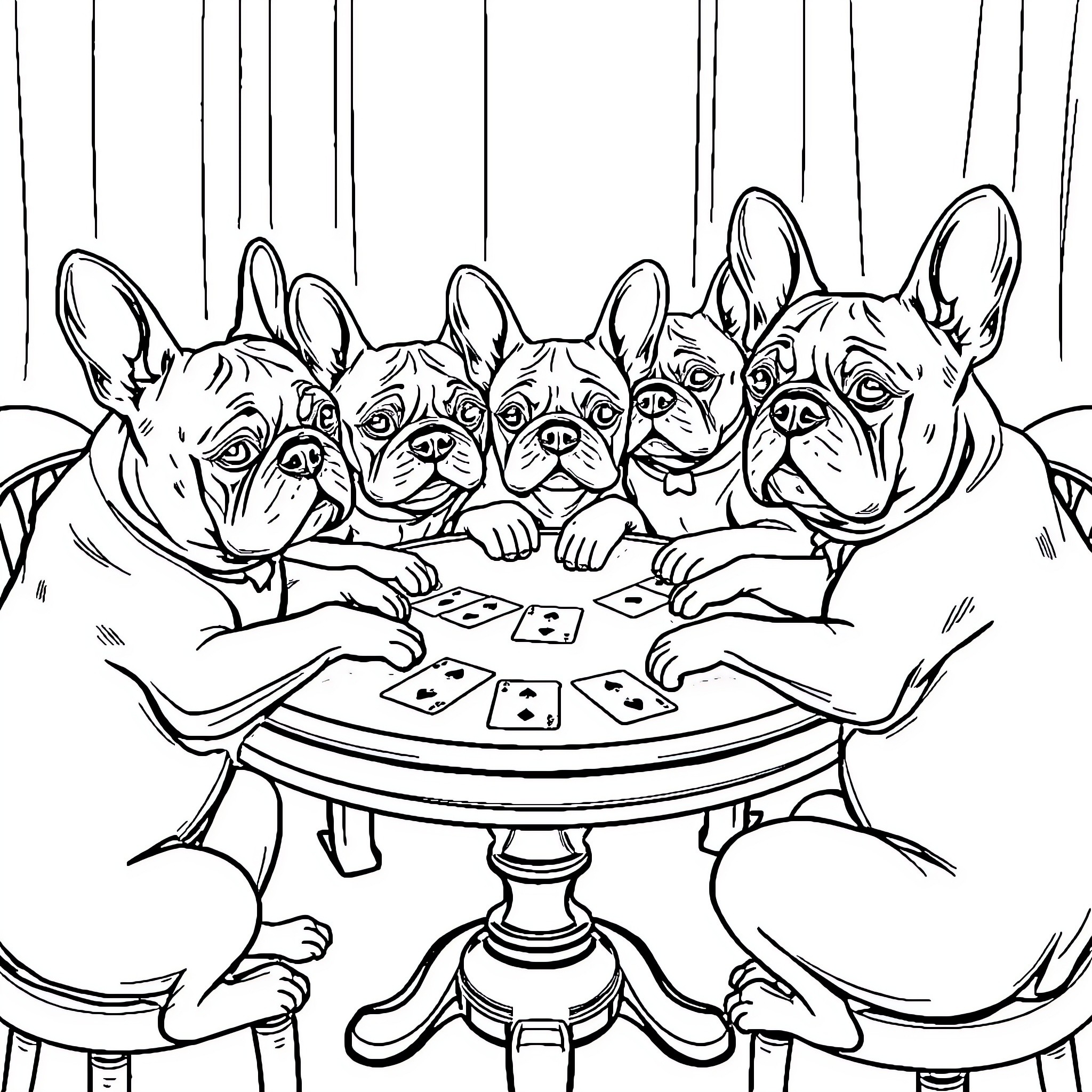 French Bulldogs playing cards together Coloring Page (free black-and-white line drawing printable PDF for all, from beginners to advanced learners, including children, teens, adults, and seniors)