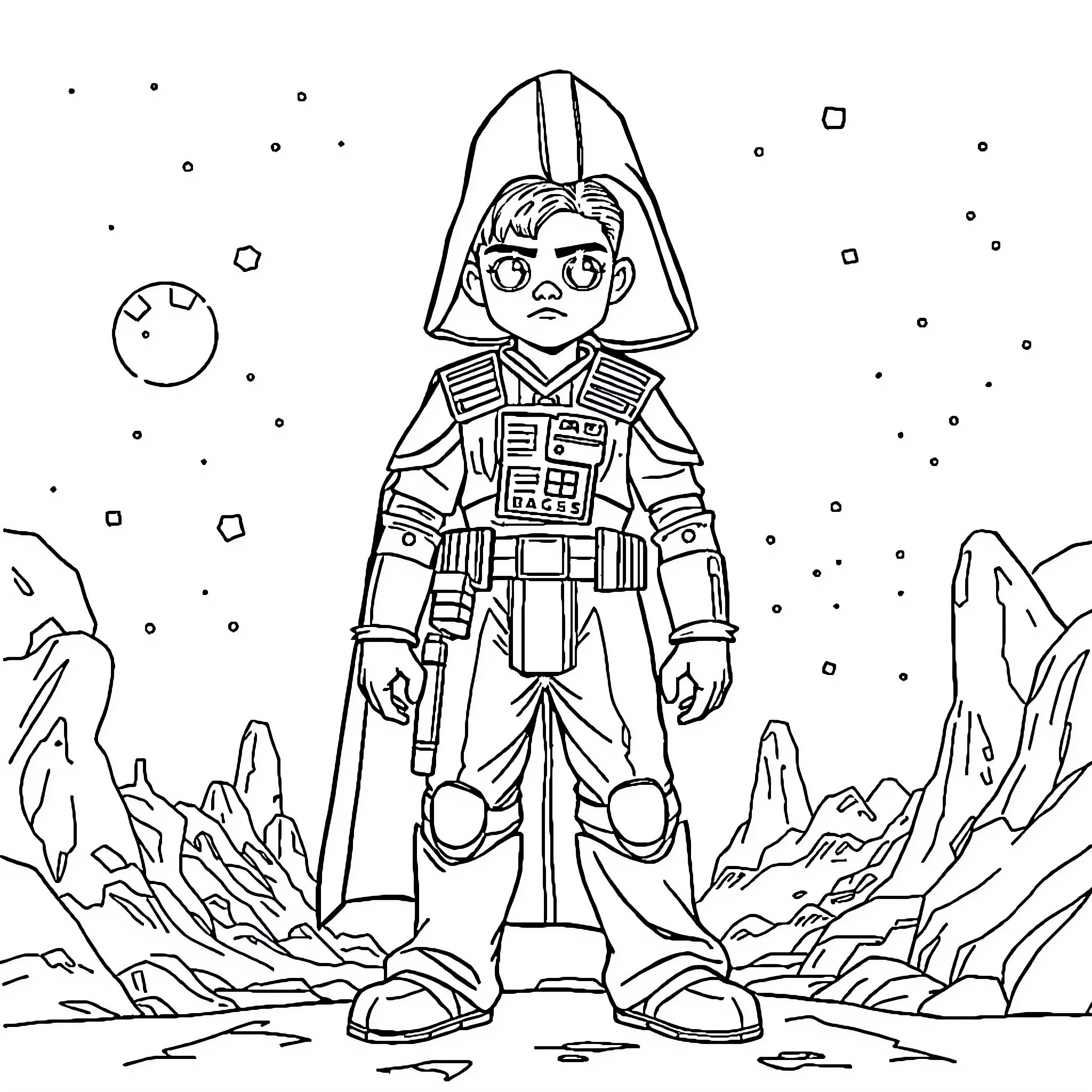 Star Wars Girl in Heroic Pose on Alien Planet Coloring Page (free black-and-white line drawing printable PDF for all, from beginners to advanced learners, including children, teens, adults, and seniors)