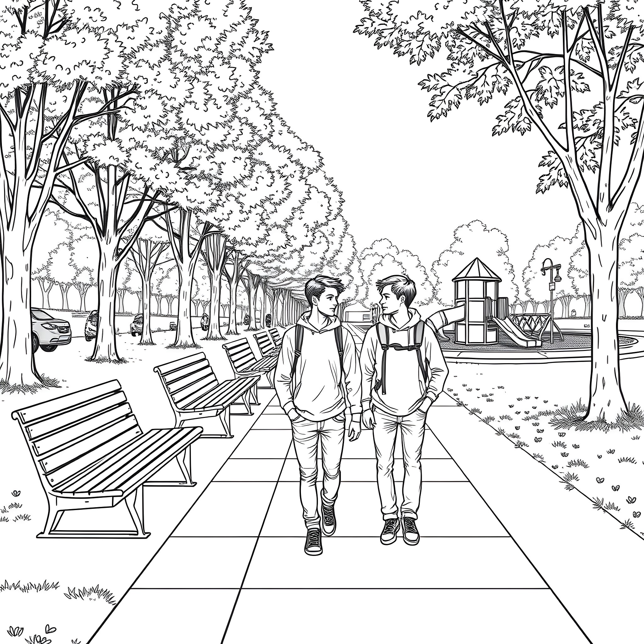 Teen Guys Walking Together in Tranquil Park Coloring Page (free black-and-white line drawing printable PDF for all, from beginners to advanced learners, including children, teens, adults, and seniors)