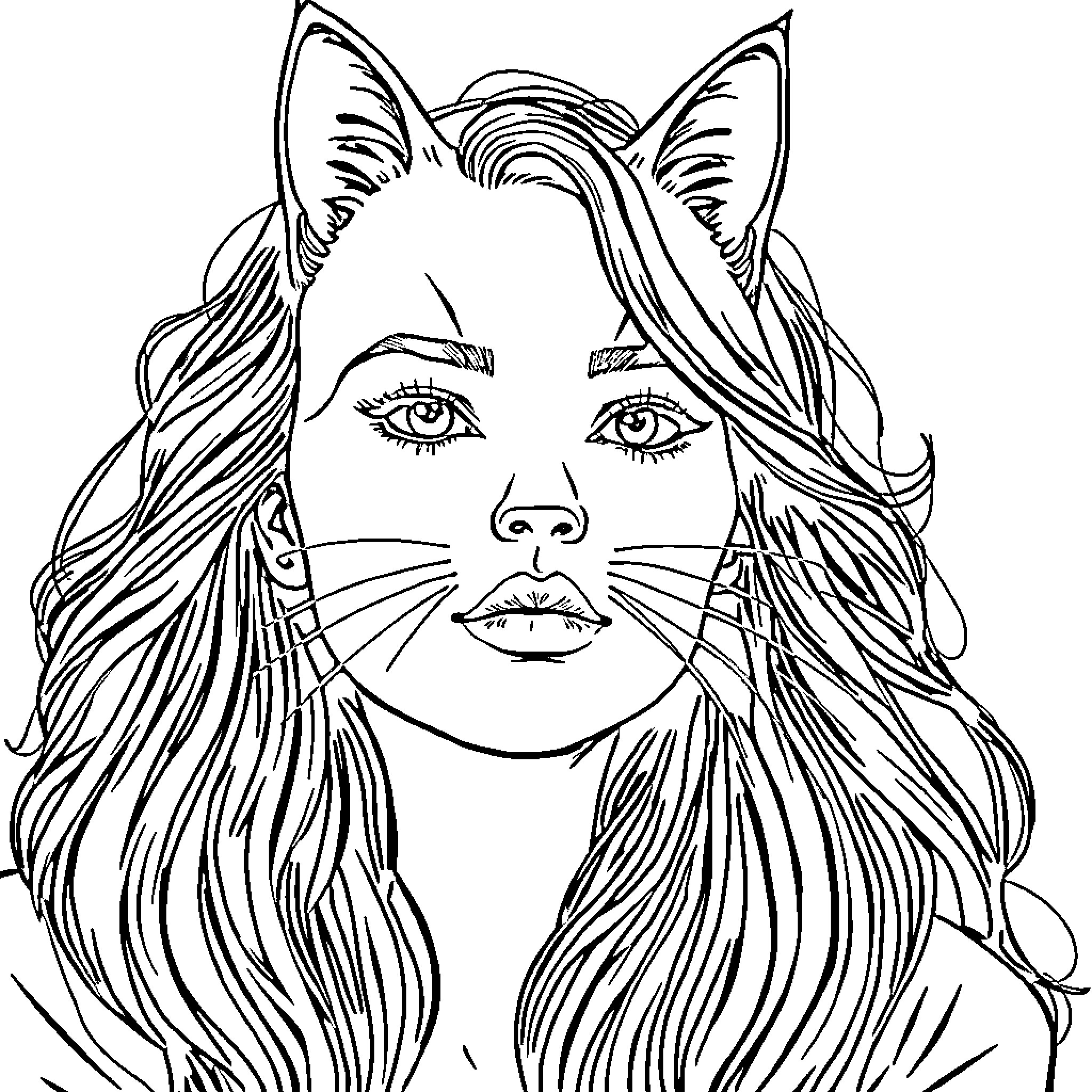 Cat Woman with whiskers and pointed ears Coloring Page (free black-and-white line drawing printable PDF for all, from beginners to advanced learners, including children, teens, adults, and seniors)