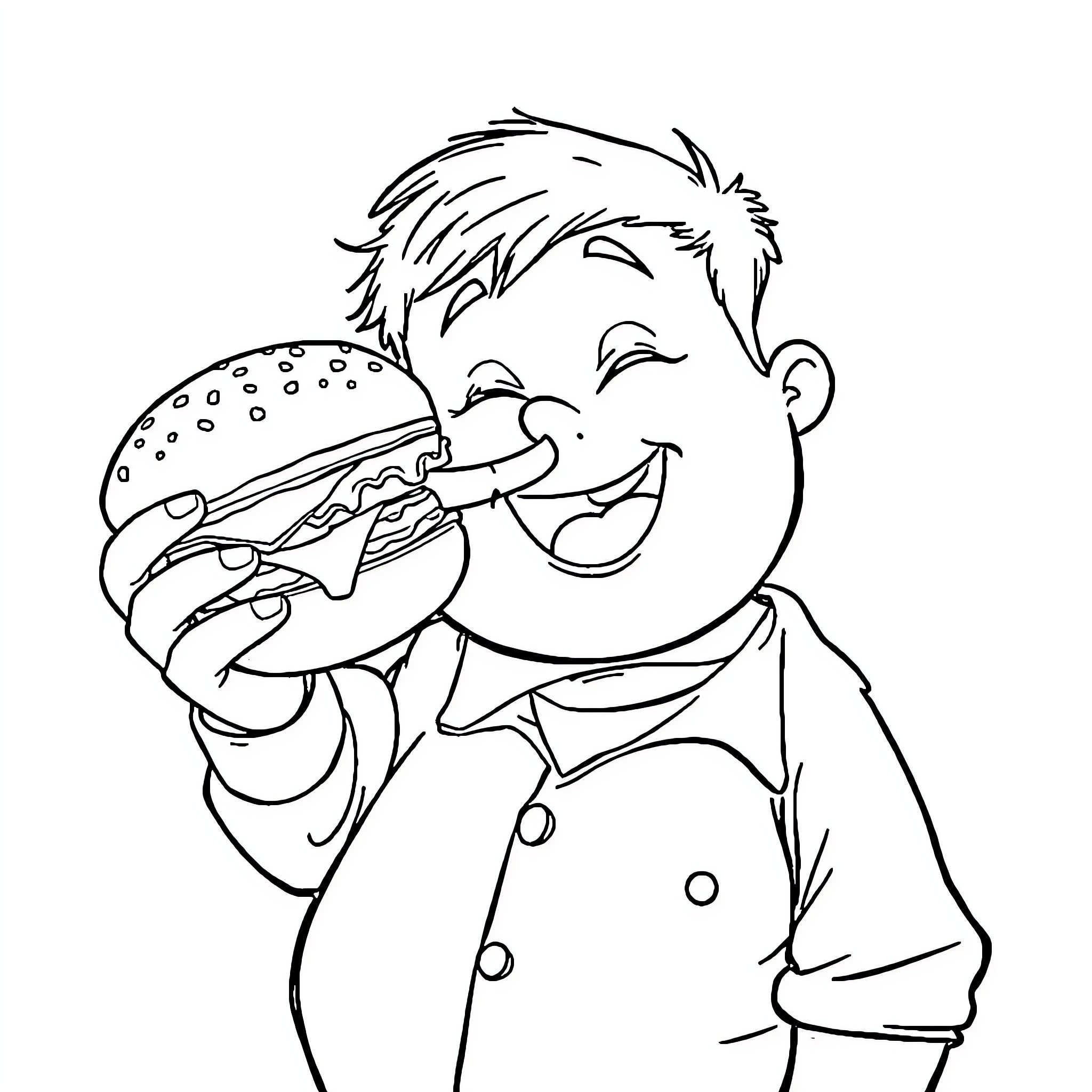 Boy enjoying a tasty burger with enthusiasm Coloring Page (free black-and-white line drawing printable PDF for all, from beginners to advanced learners, including children, teens, adults, and seniors)