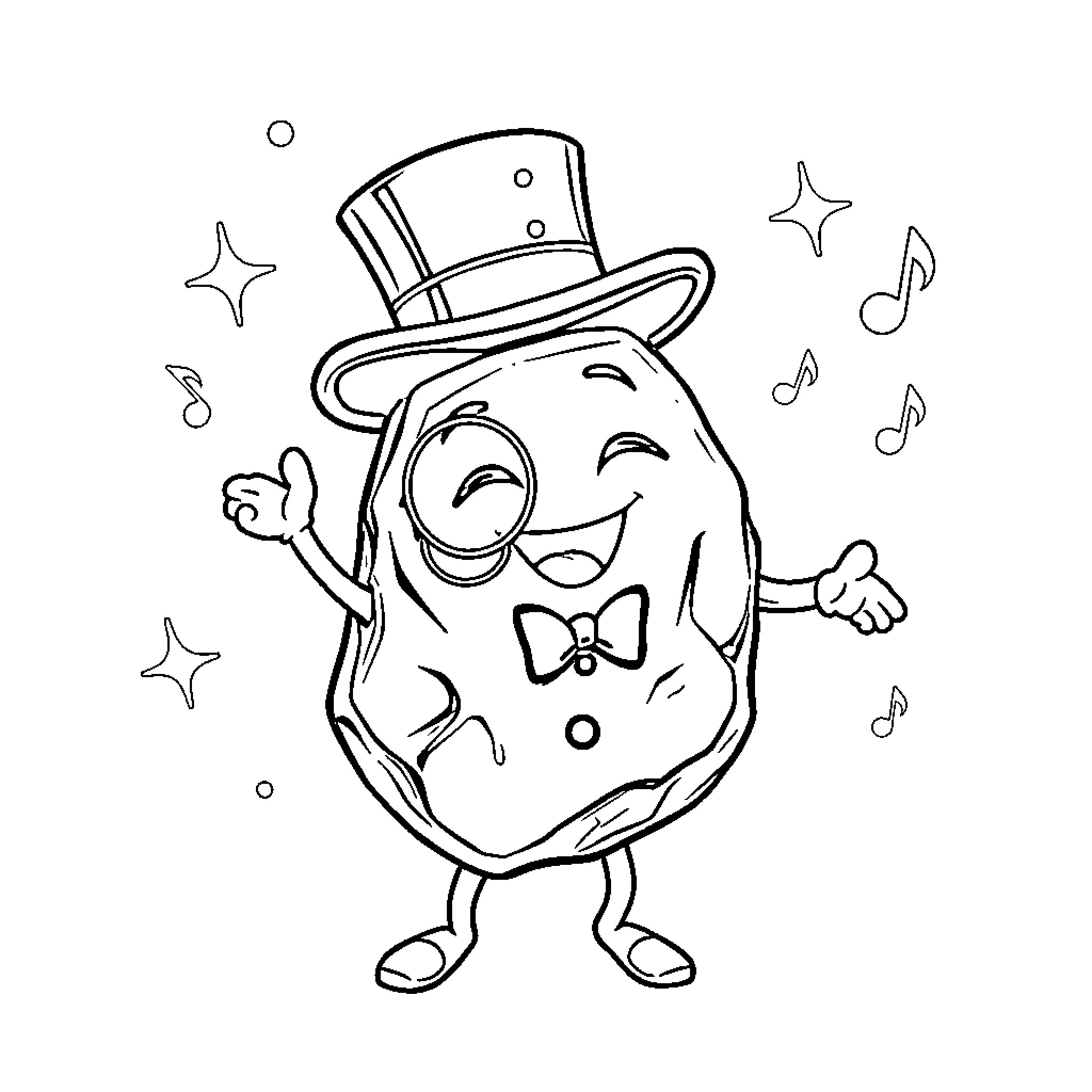Rock character dancing happily with music notes Coloring Page (free black-and-white line drawing printable PDF for all, from beginners to advanced learners, including children, teens, adults, and seniors)