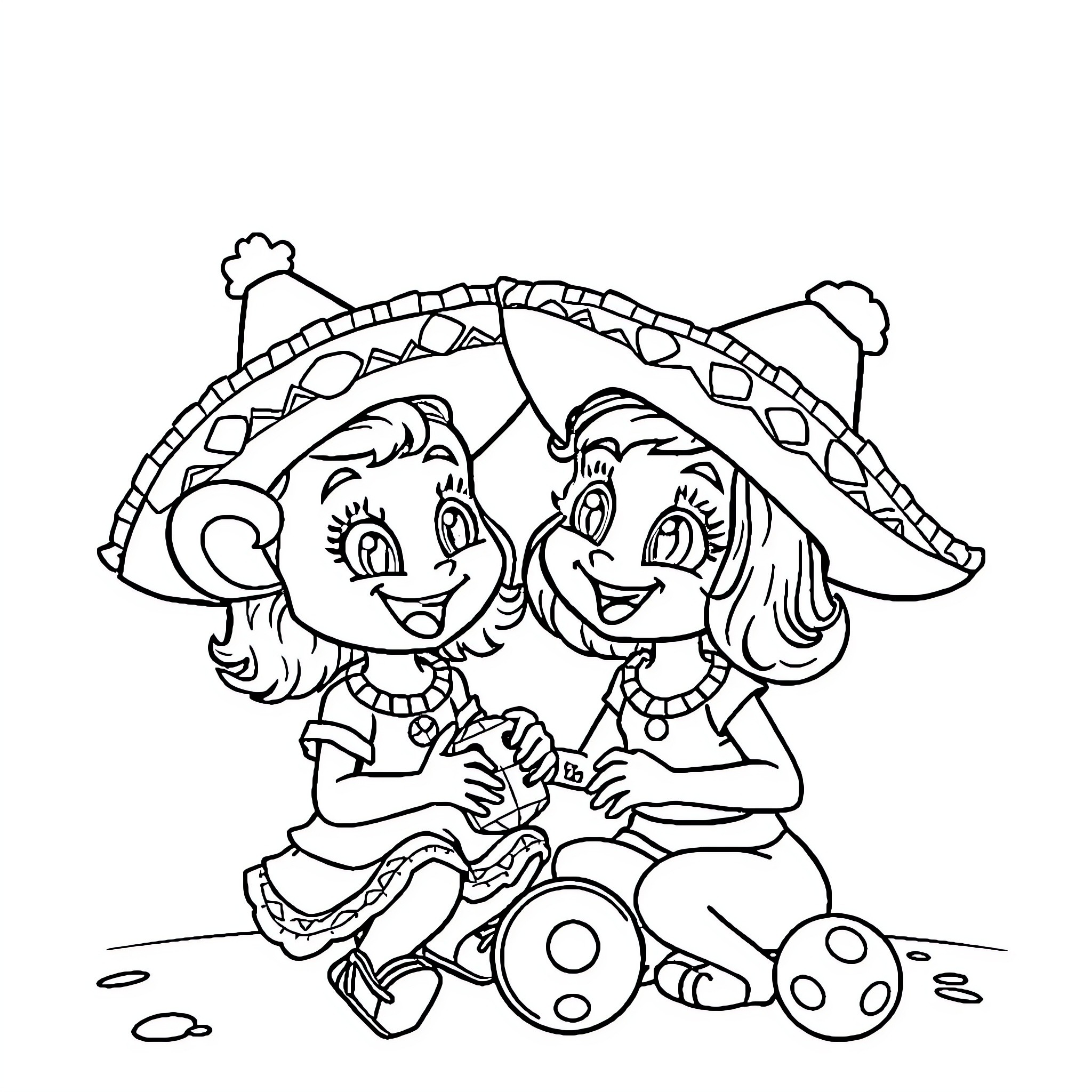 Bluey and Bingo playing happily together Coloring Page (free black-and-white line drawing printable PDF for all, from beginners to advanced learners, including children, teens, adults, and seniors)